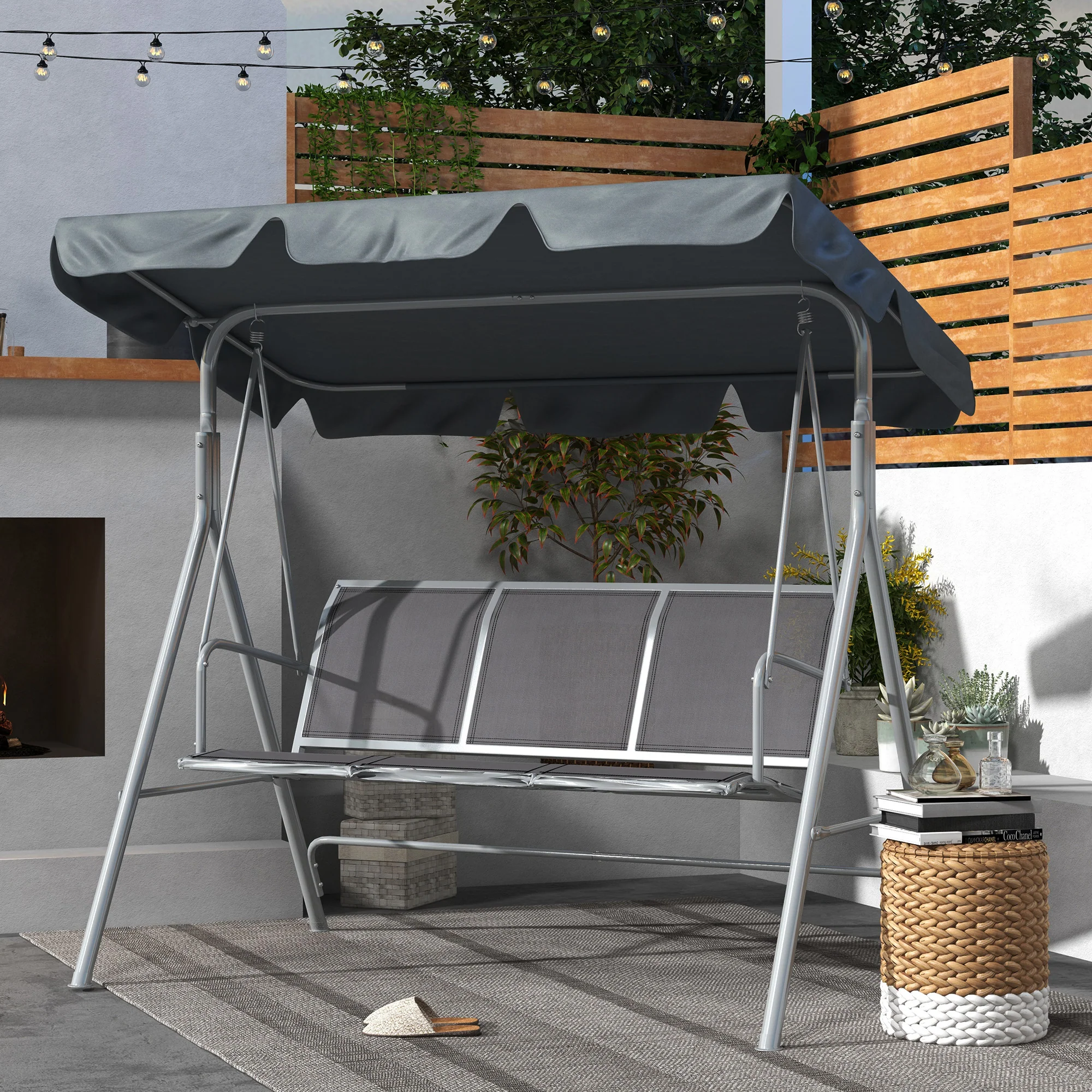 Outsunny Metal Swing Chair 3 Seater Patio Bench w/ Canopy, Dark Grey - Image 2