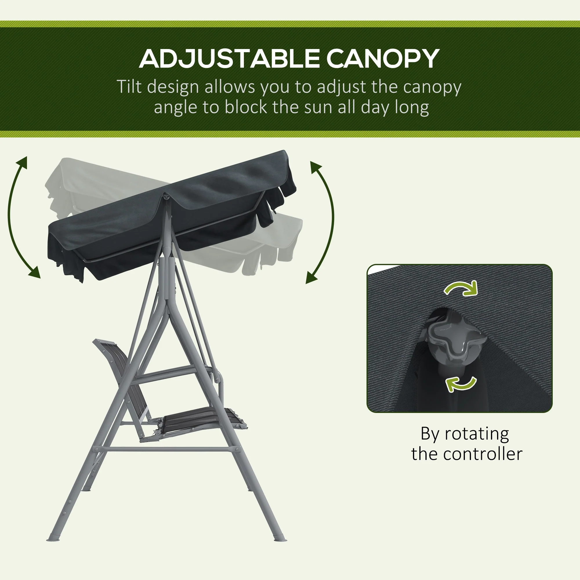 Outsunny Metal Swing Chair 3 Seater Patio Bench w/ Canopy, Dark Grey - Image 3