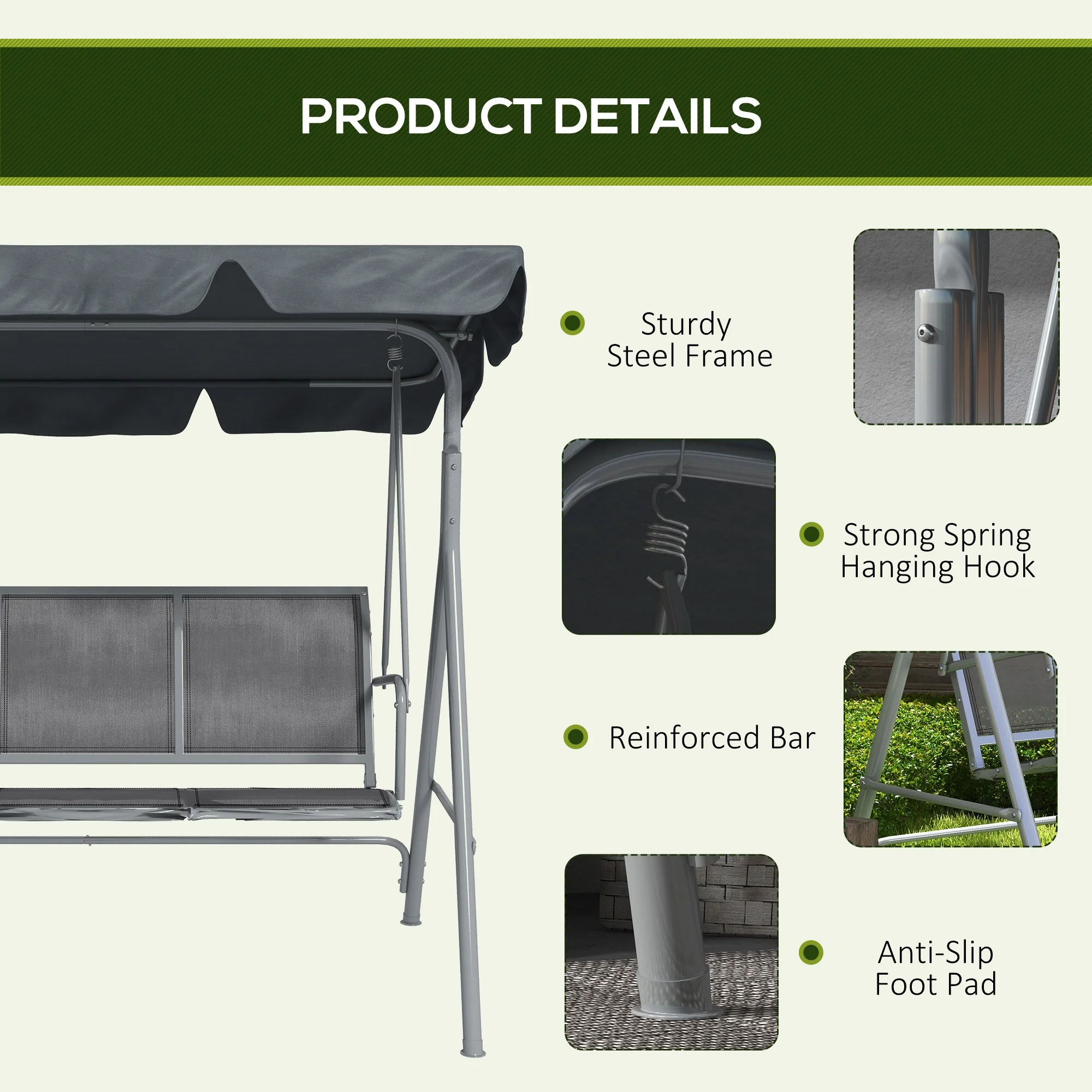 Outsunny Metal Swing Chair 3 Seater Patio Bench w/ Canopy, Dark Grey - Image 6
