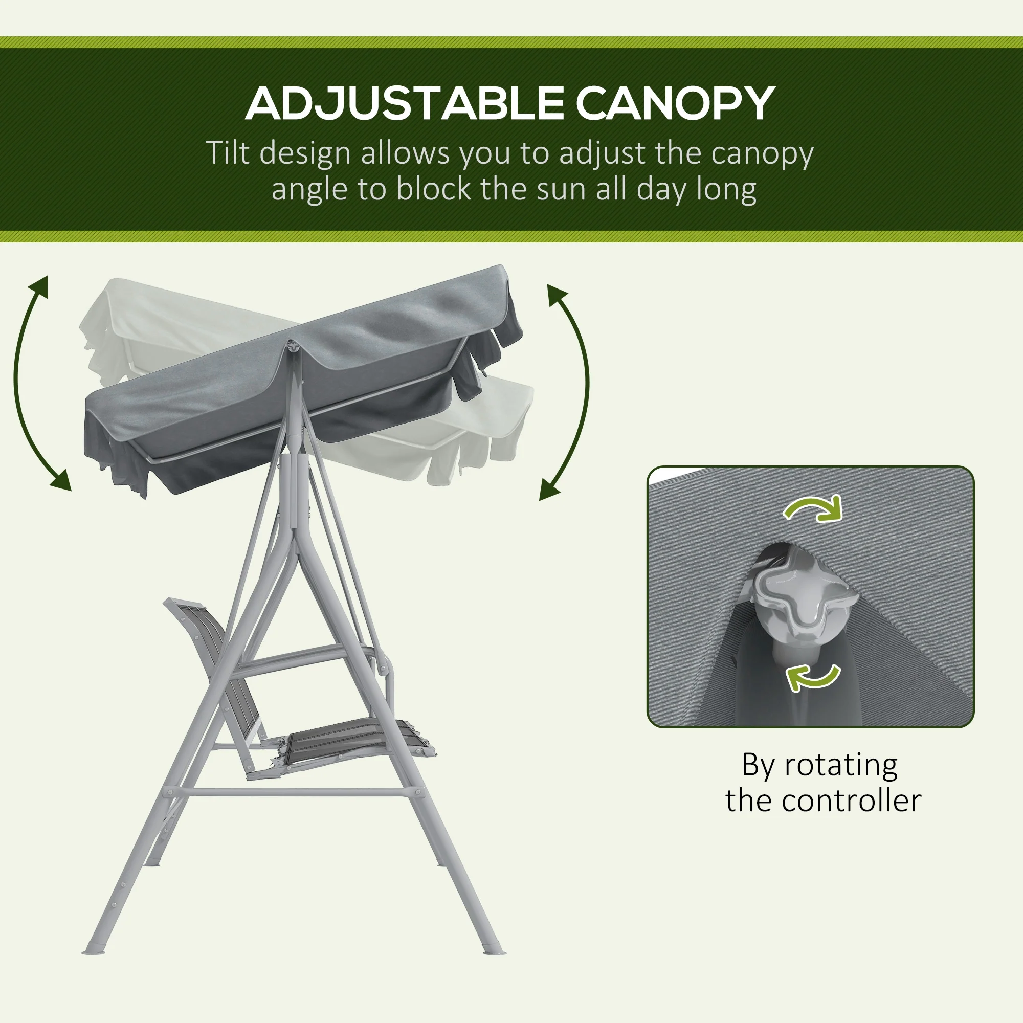 Outsunny Metal Swing Chair Garden Hammock 3 Seater Patio Bench w/ Canopy, Grey - Image 3