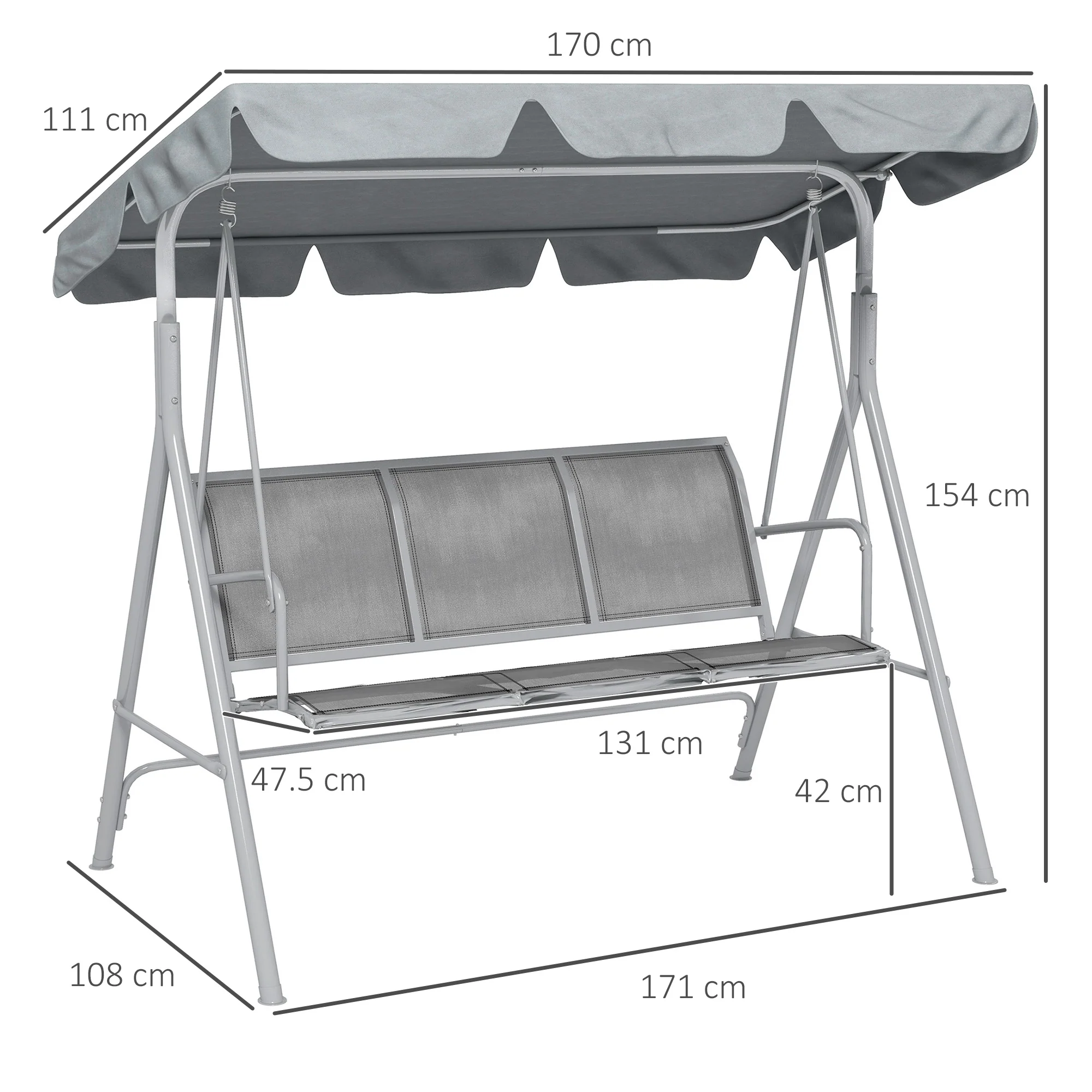Outsunny Metal Swing Chair Garden Hammock 3 Seater Patio Bench w/ Canopy, Grey - Image 5