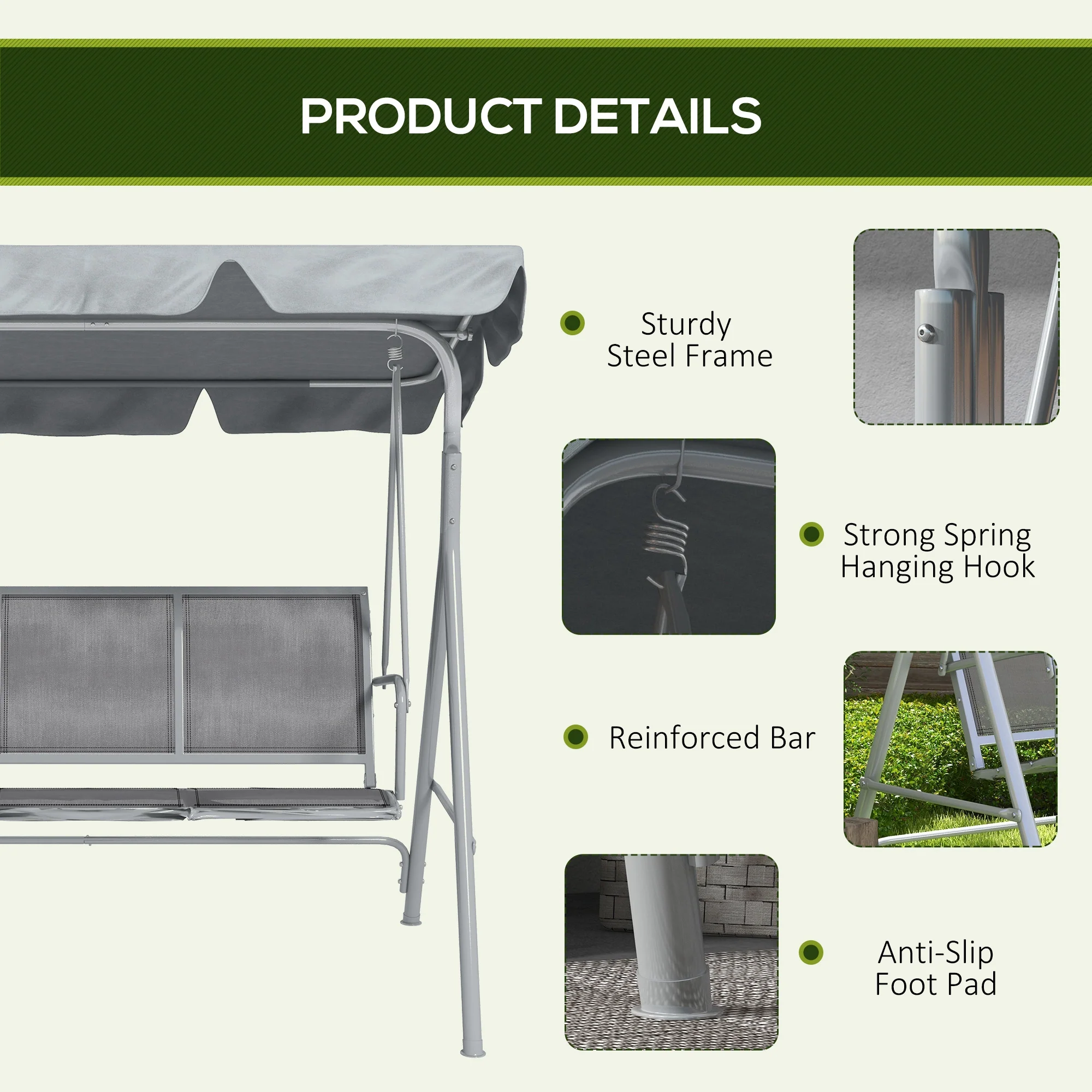 Outsunny Metal Swing Chair Garden Hammock 3 Seater Patio Bench w/ Canopy, Grey - Image 6