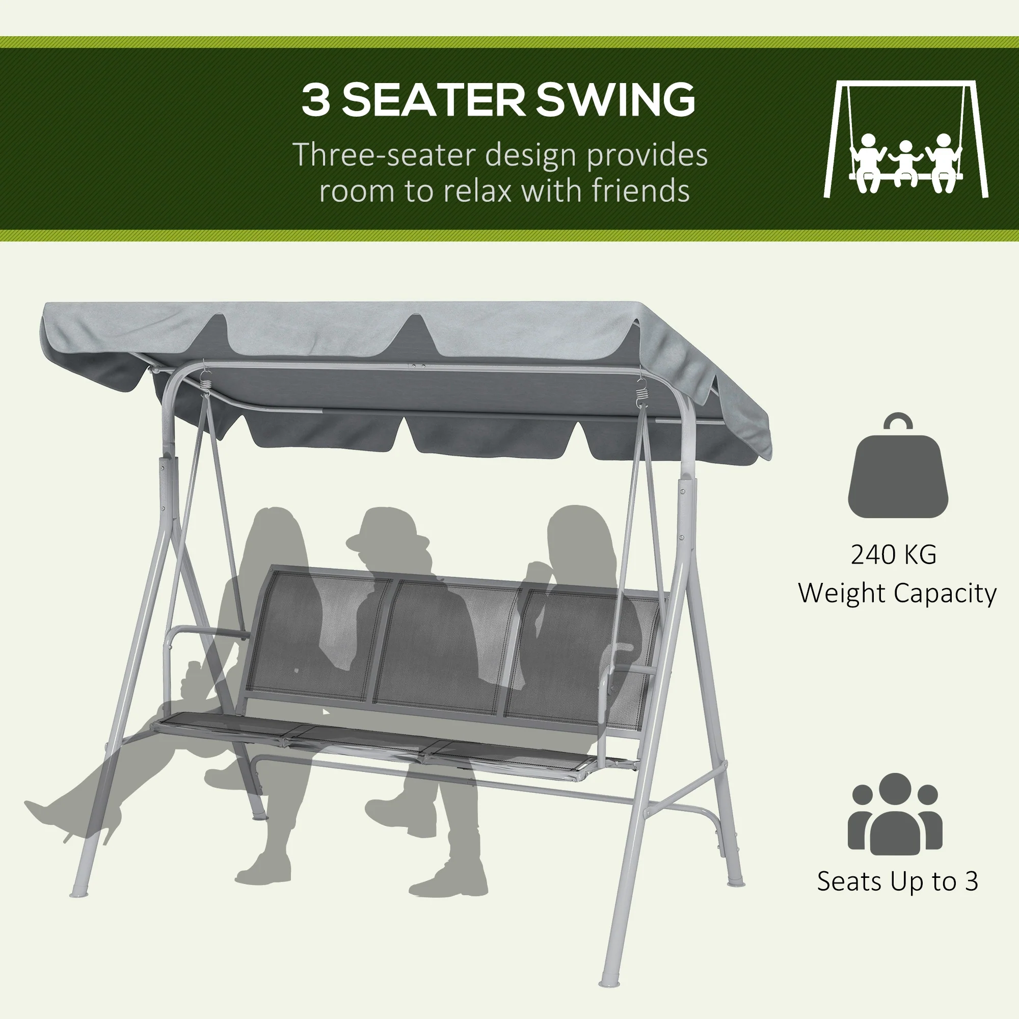 Outsunny Metal Swing Chair Garden Hammock 3 Seater Patio Bench w/ Canopy, Grey - Image 7