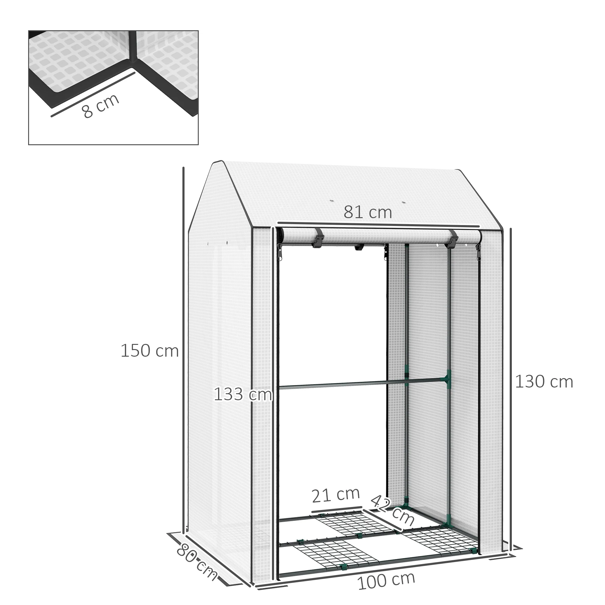 Outsunny Mini Greenhouse With Shelves And Roll Up Door, 100x80x150cm, White - Image 5