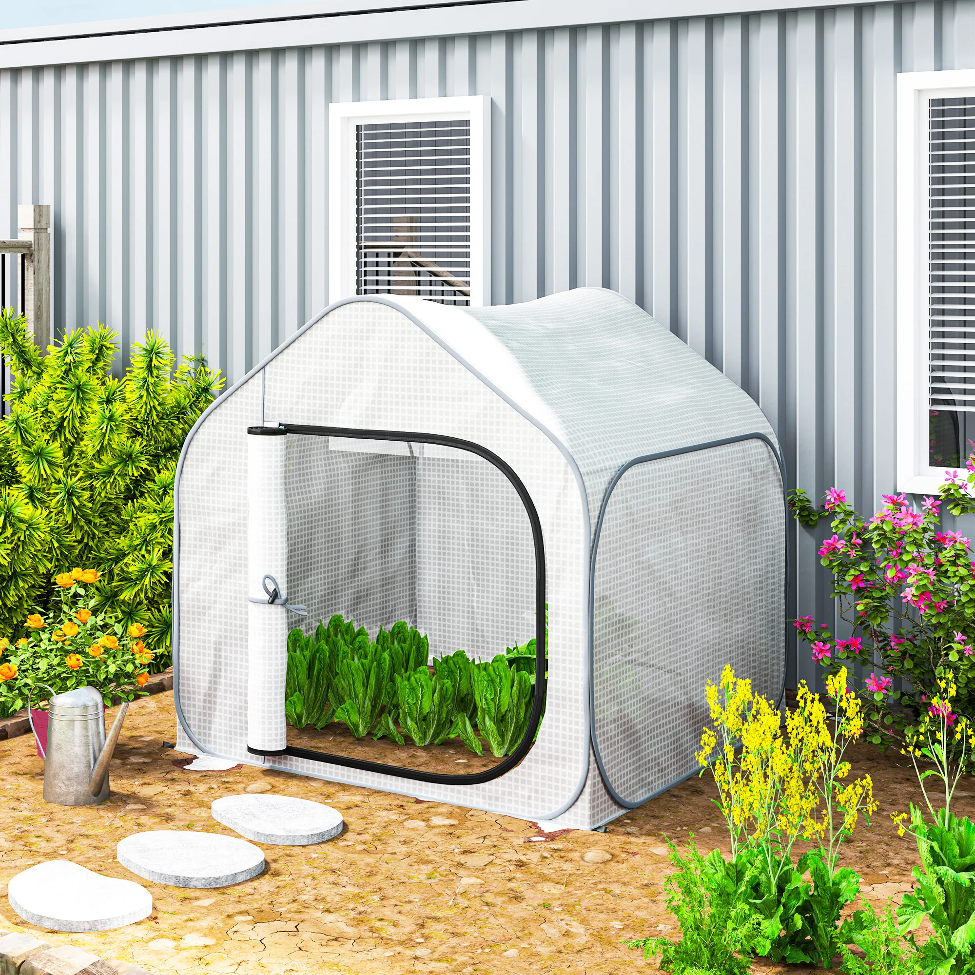 Outsunny Mini Pop Up Greenhouse W/ Reinforced PE Cover, Zipper Door, White - Image 11