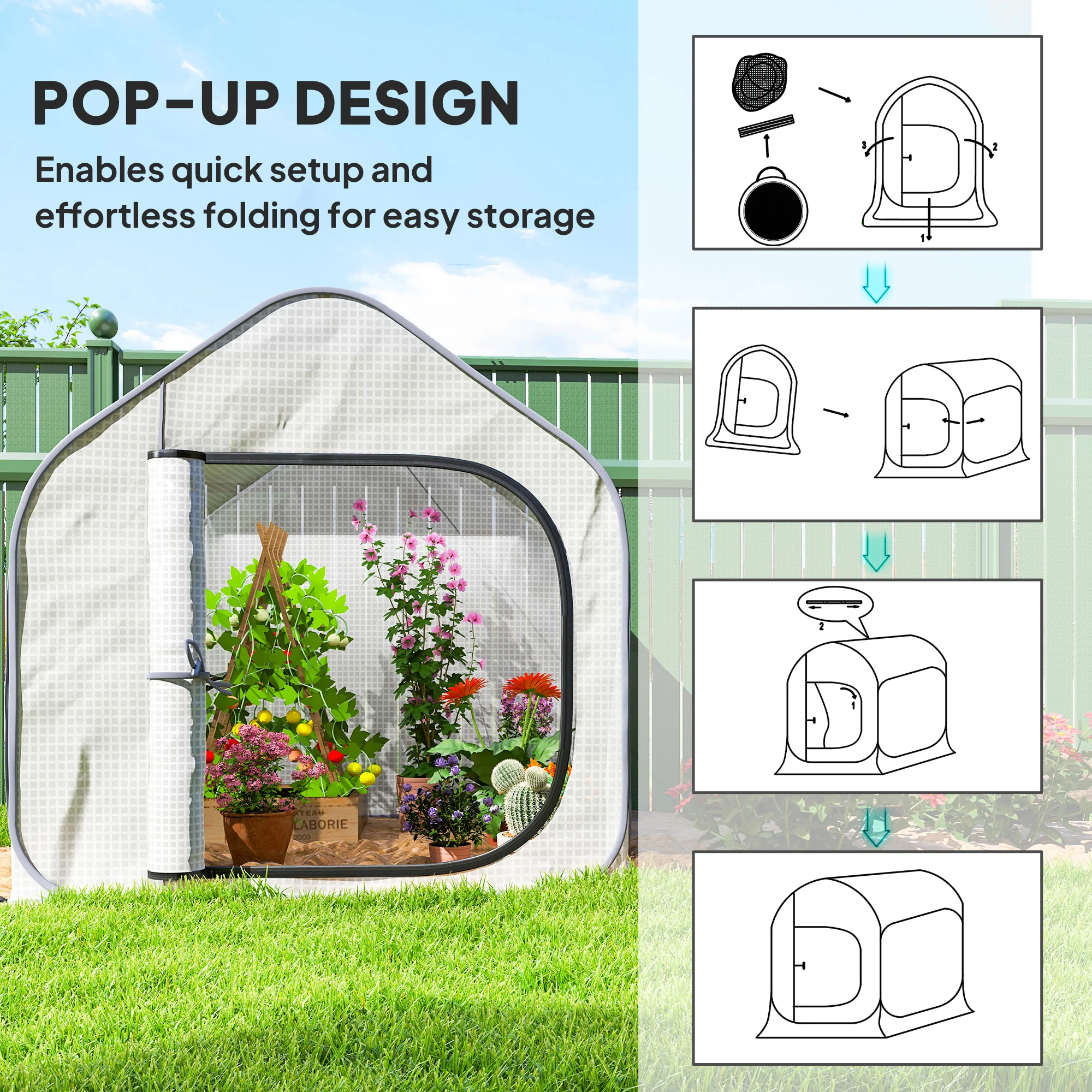 Outsunny Mini Pop Up Greenhouse W/ Reinforced PE Cover, Zipper Door, White - Image 12