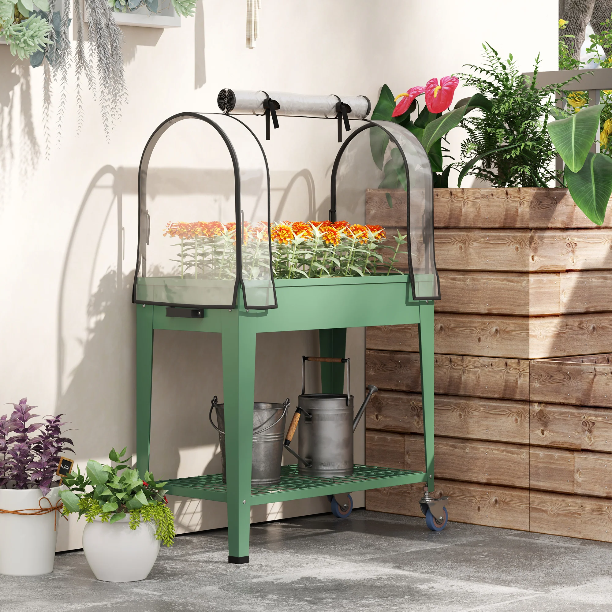 Outsunny Mobile Raised Garden Bed with Greenhouse Cover, Green - Image 8