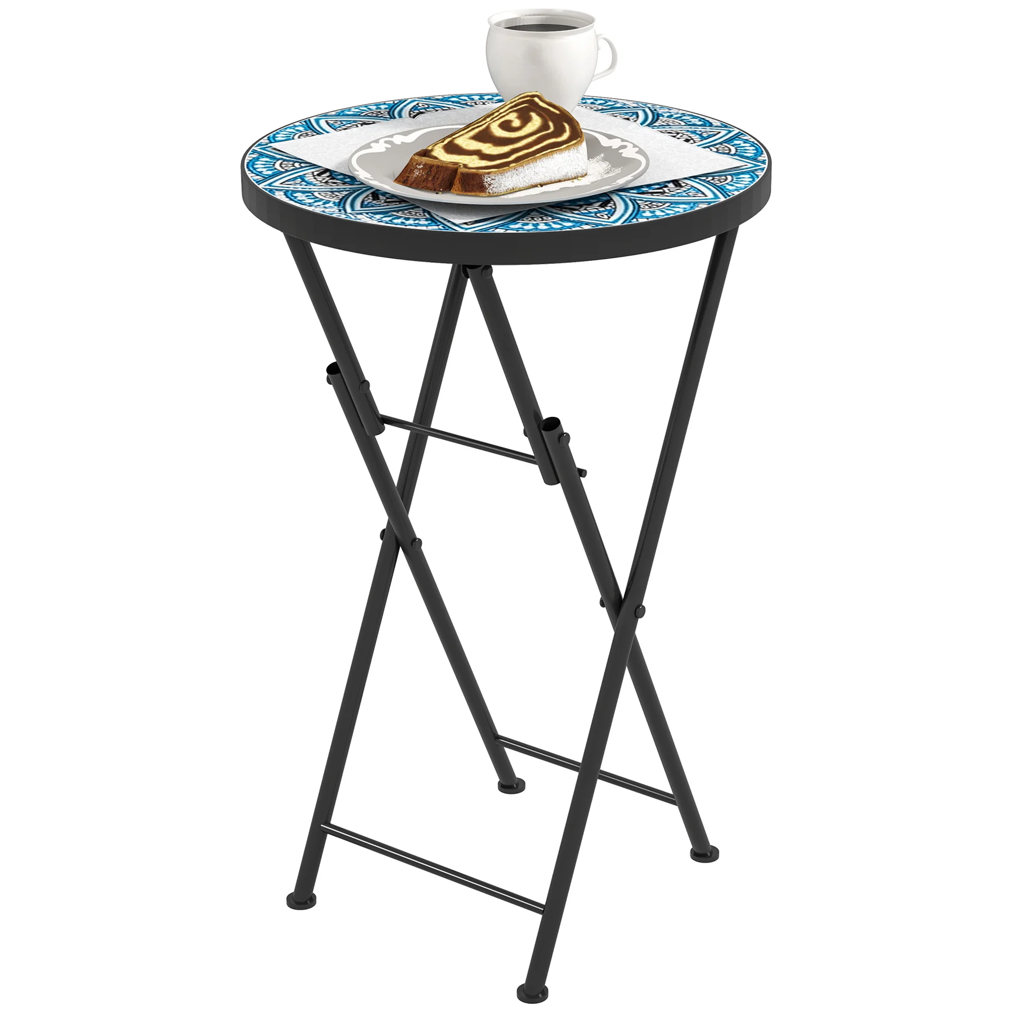 Outsunny Mosaic Garden Table, 35.5cm Folding Coffee Table, Blue