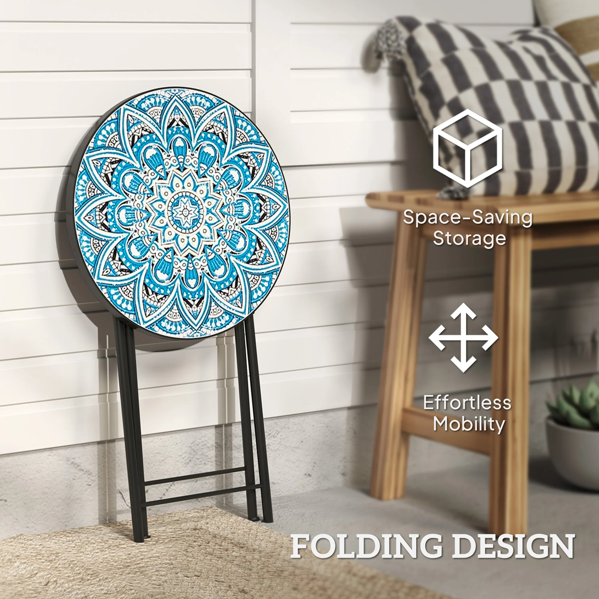 Outsunny Mosaic Garden Table, 35.5cm Folding Coffee Table, Blue - Image 4