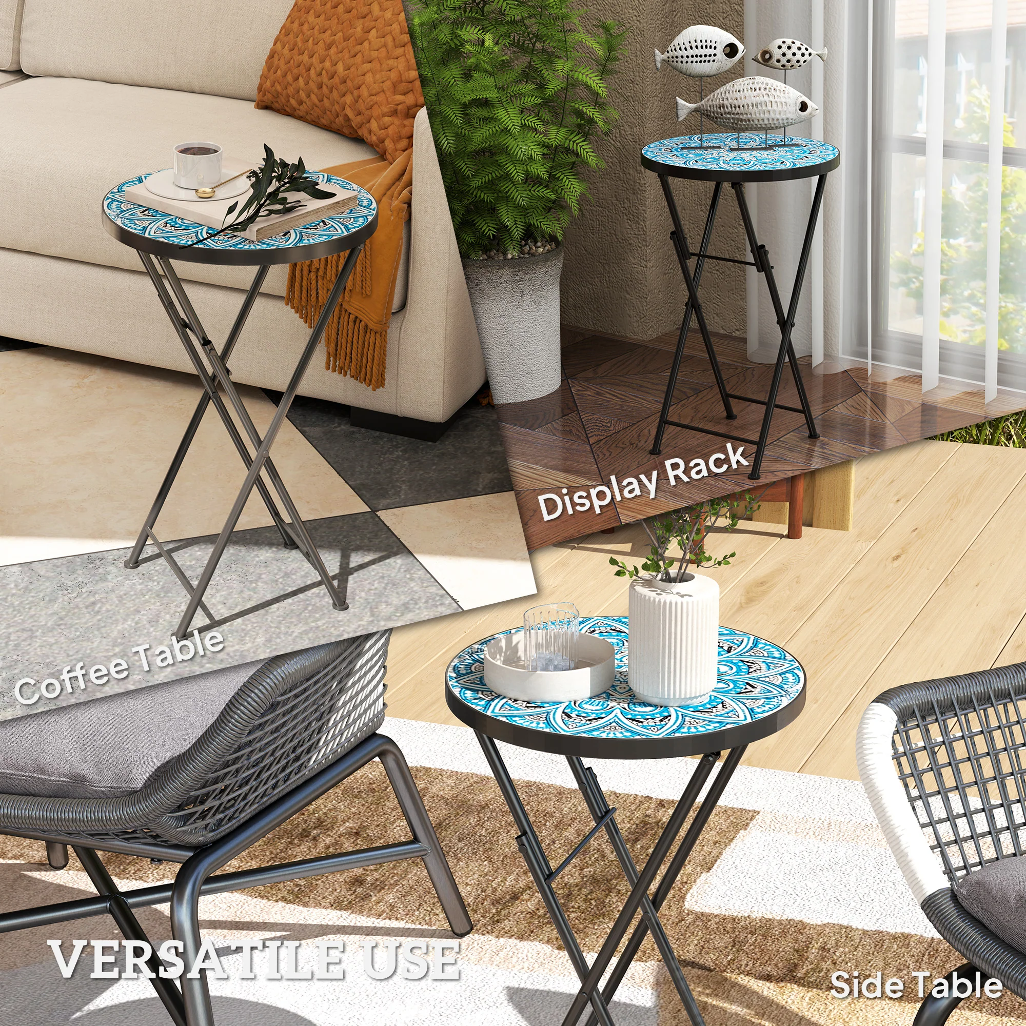Outsunny Mosaic Garden Table, 35.5cm Folding Coffee Table, Blue - Image 7