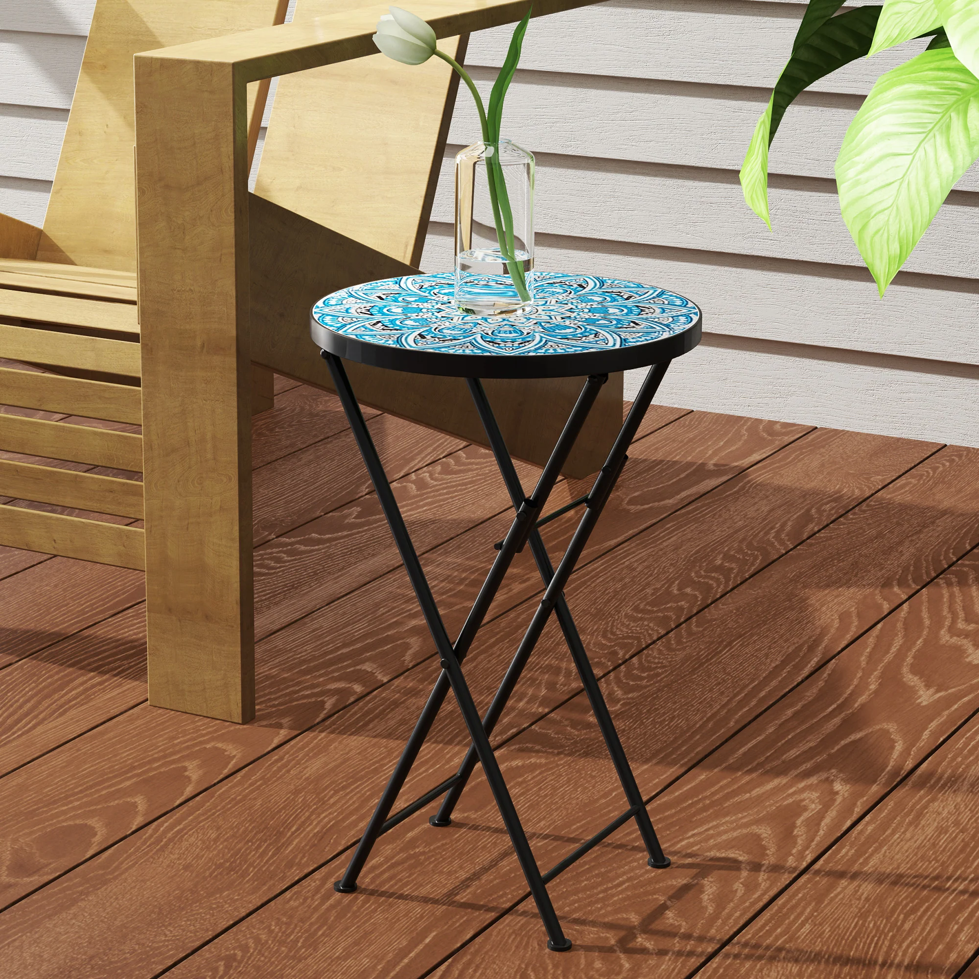 Outsunny Mosaic Garden Table, 35.5cm Folding Coffee Table, Blue - Image 9