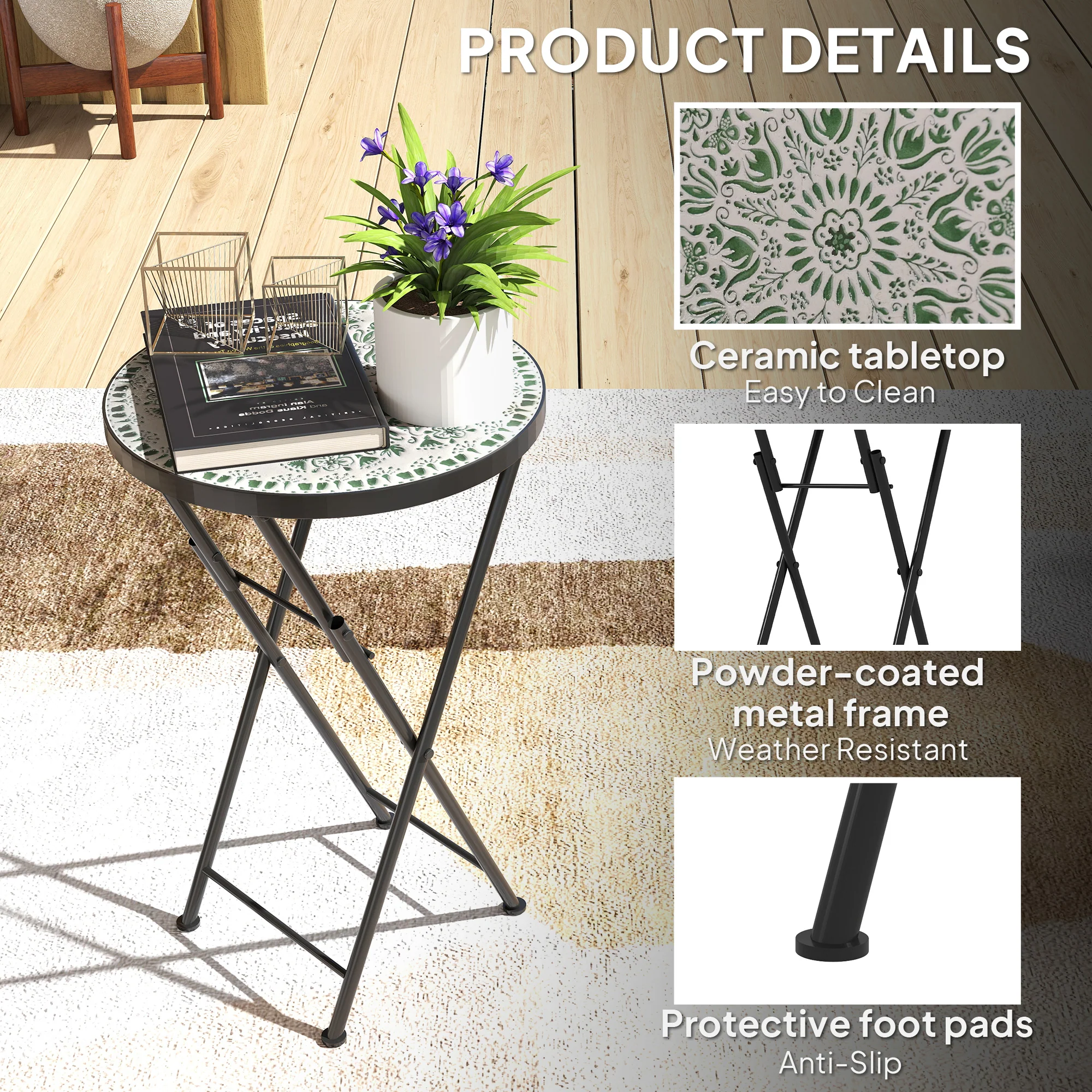 Outsunny Mosaic Garden Table, 35.5cm Folding Coffee Table, Green - Image 6