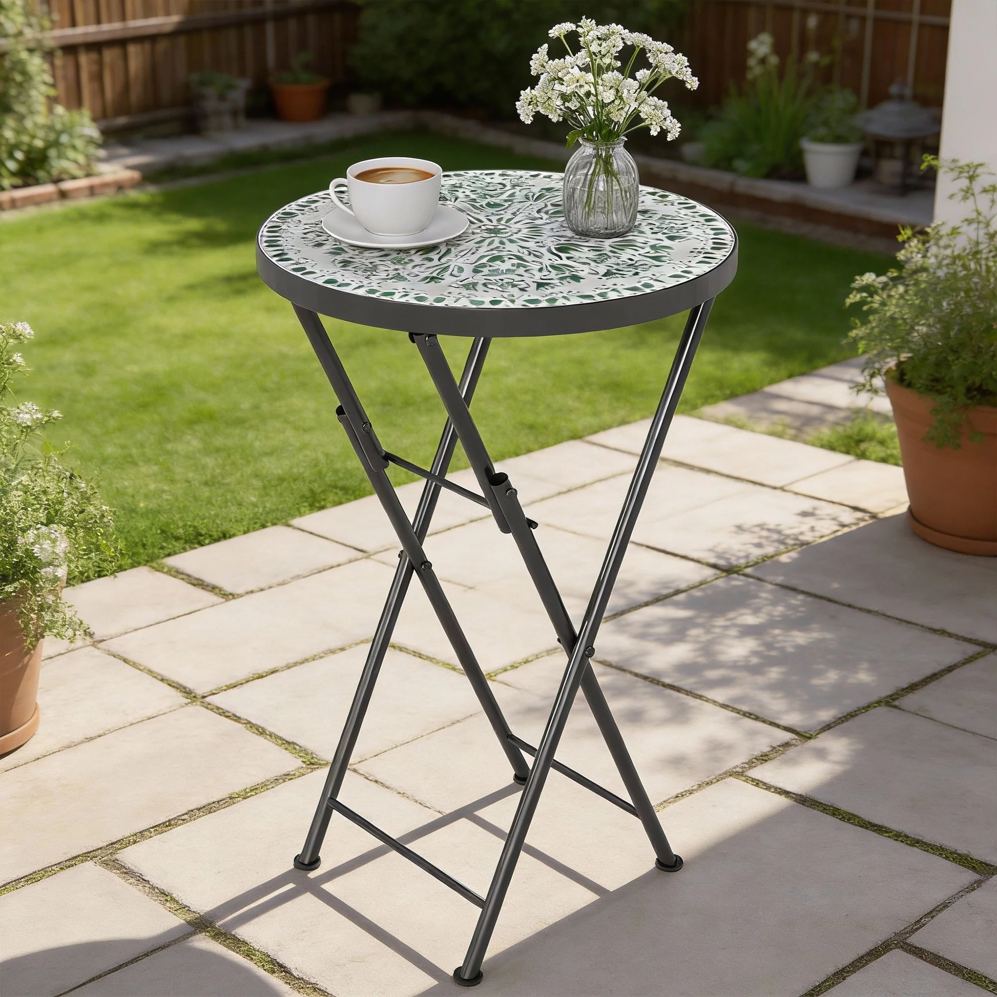 Outsunny Mosaic Garden Table, 35.5cm Folding Coffee Table, Green - Image 8
