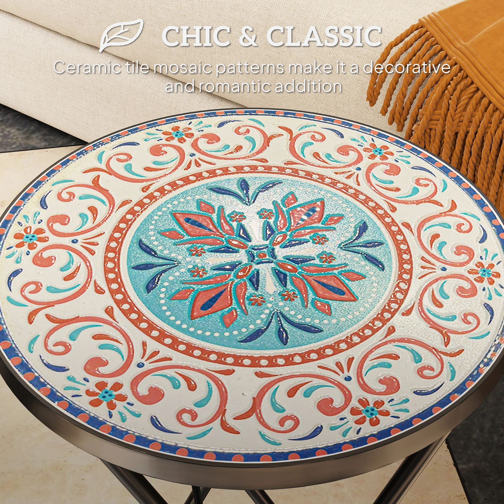 Outsunny Mosaic Garden Table, 35.5cm Folding Coffee Table, Multicolour - Image 3