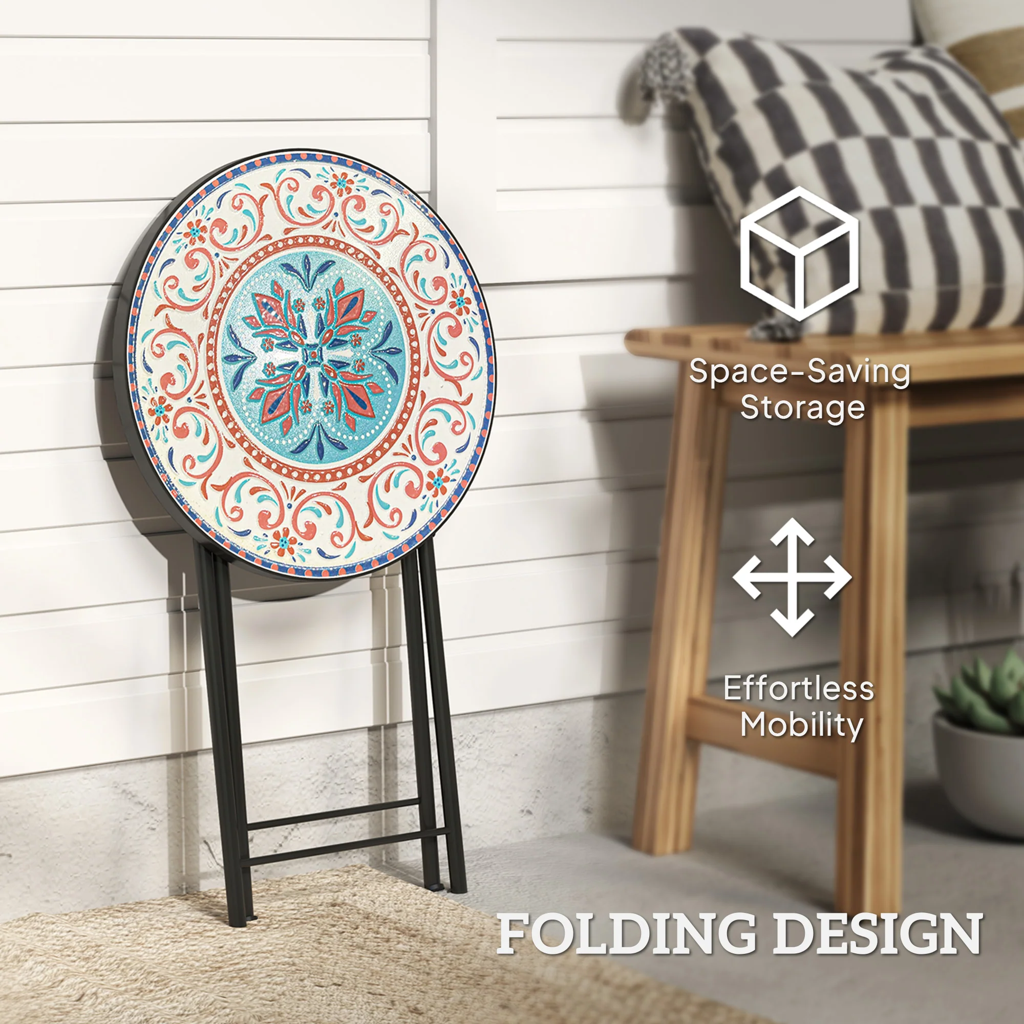 Outsunny Mosaic Garden Table, 35.5cm Folding Coffee Table, Multicolour - Image 4