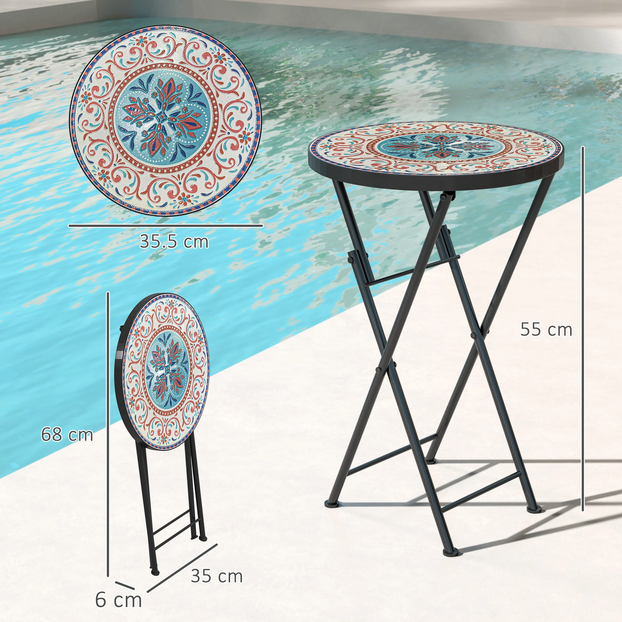 Outsunny Mosaic Garden Table, 35.5cm Folding Coffee Table, Multicolour - Image 5