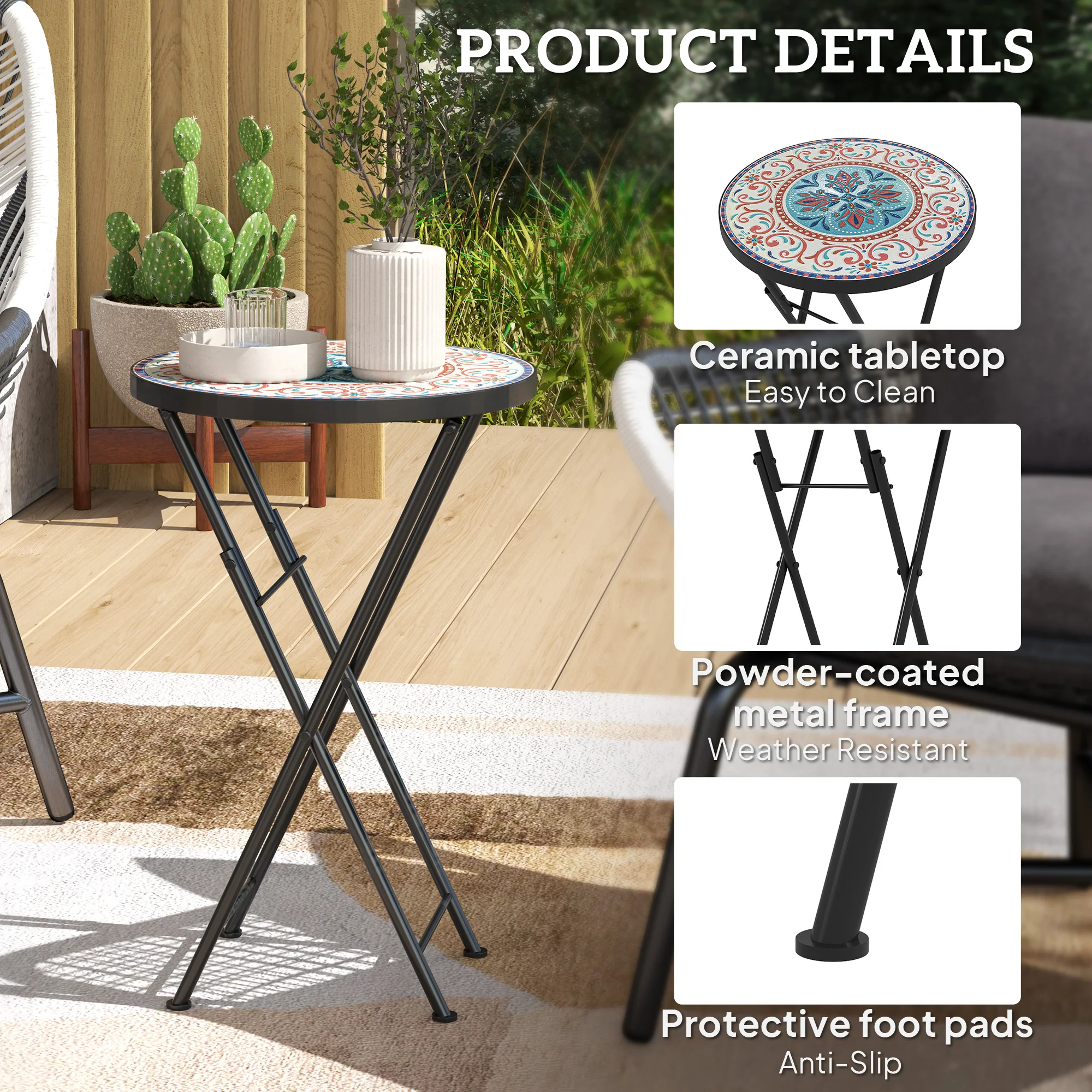 Outsunny Mosaic Garden Table, 35.5cm Folding Coffee Table, Multicolour - Image 6