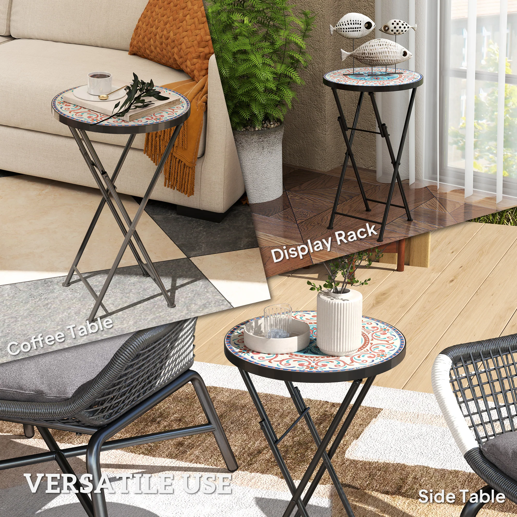 Outsunny Mosaic Garden Table, 35.5cm Folding Coffee Table, Multicolour - Image 7