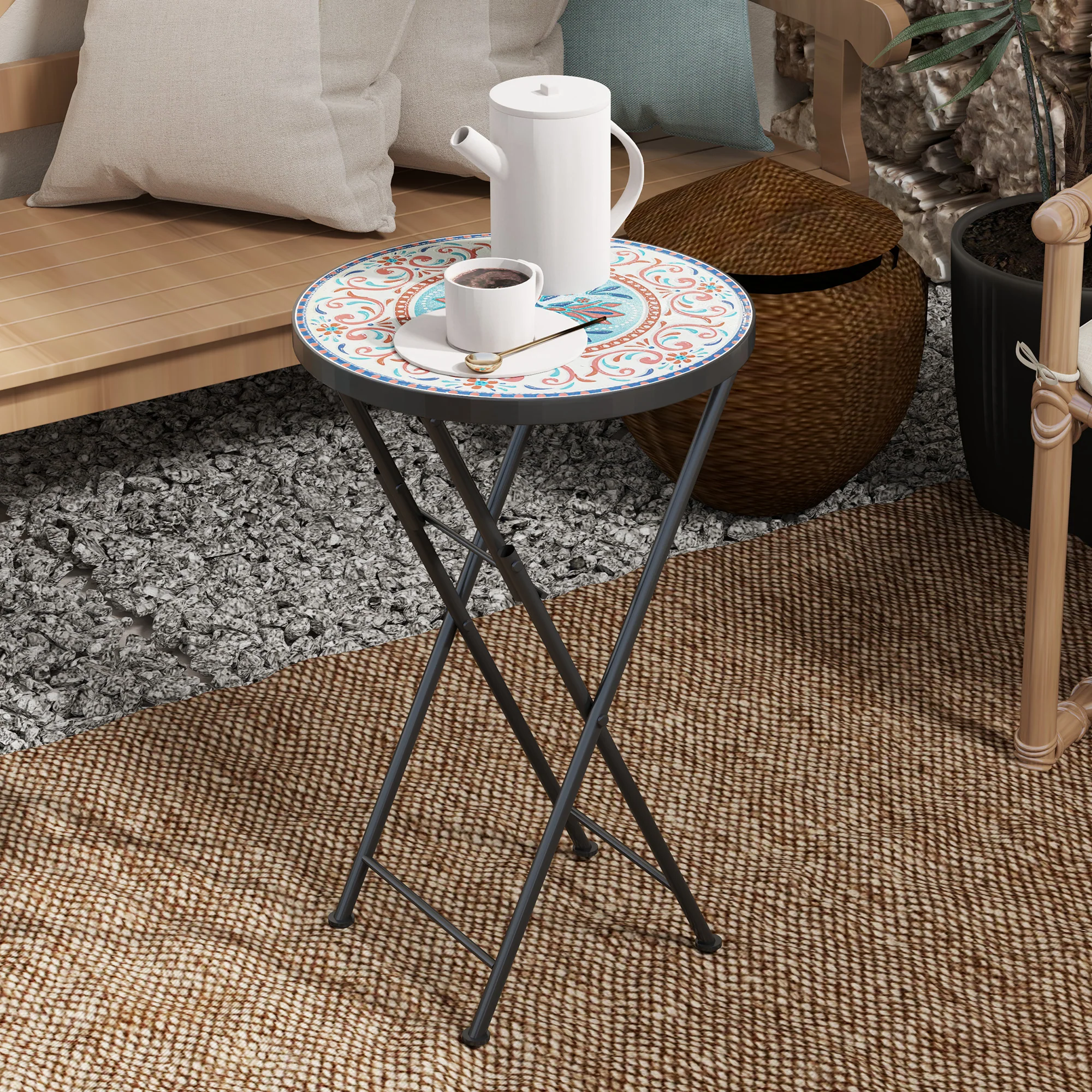 Outsunny Mosaic Garden Table, 35.5cm Folding Coffee Table, Multicolour - Image 8