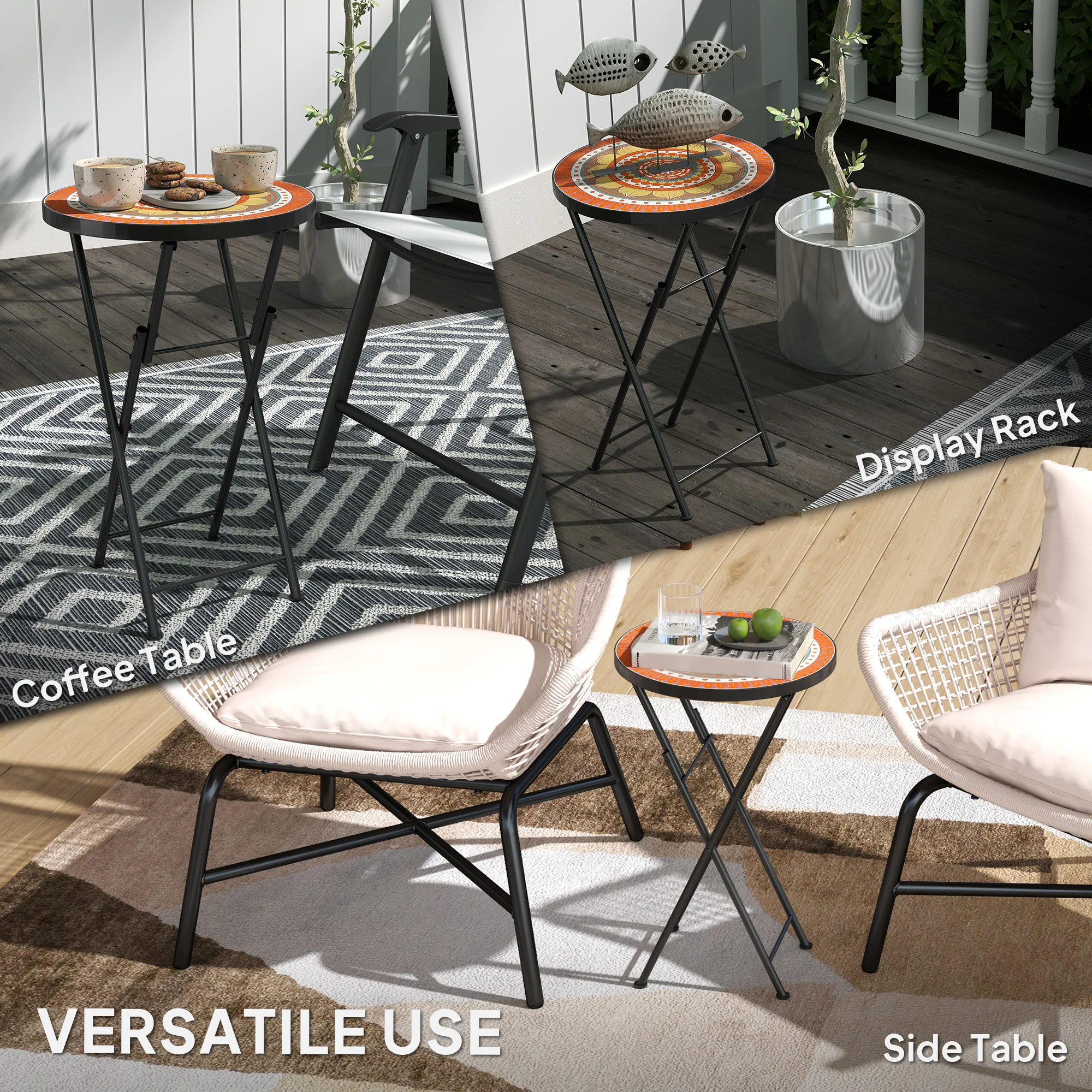 Outsunny Mosaic Garden Table, 35.5cm Folding Coffee Table, Orange - Image 7