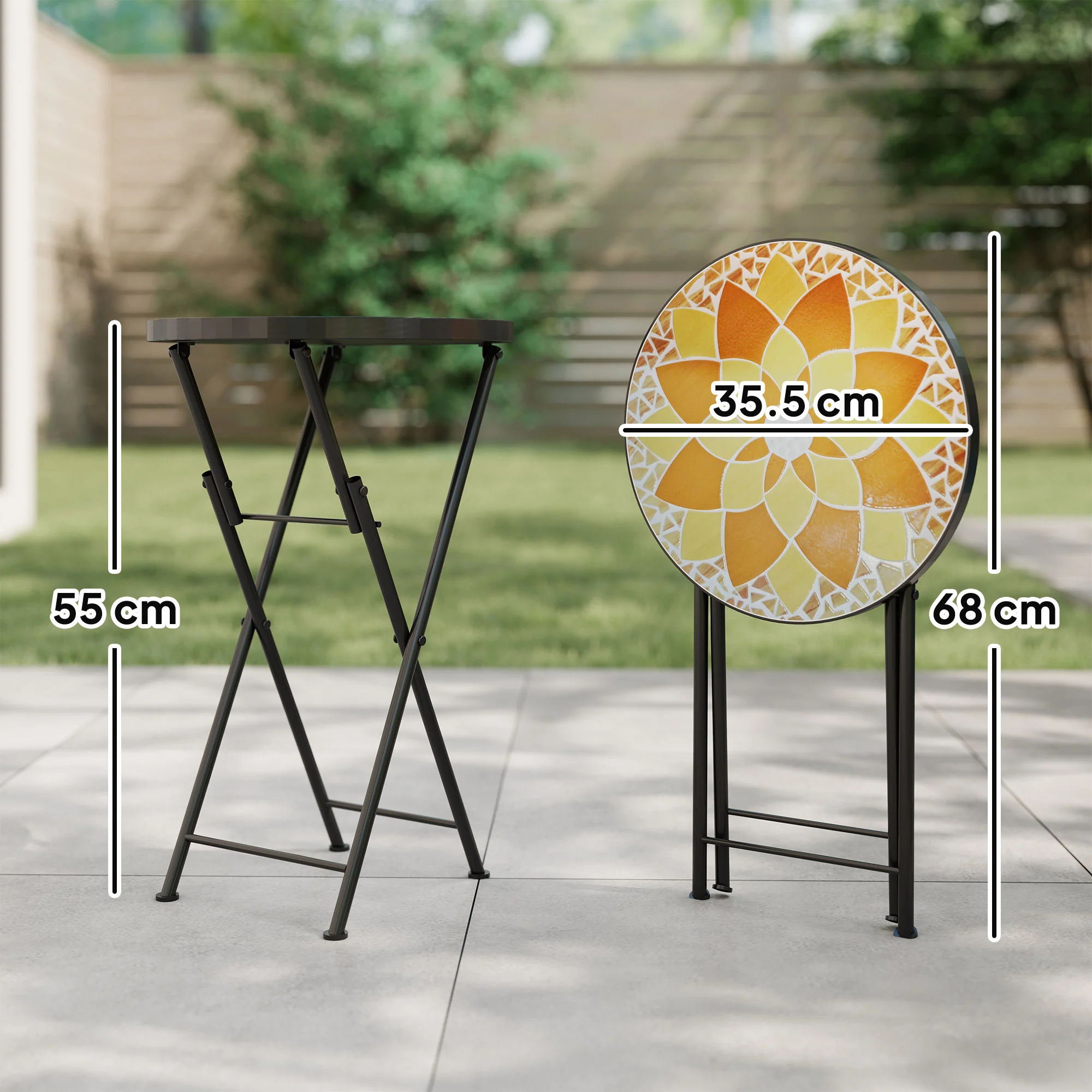 Outsunny Mosaic Garden Table, 35.5cm Folding Coffee Table, Yellow - Image 3