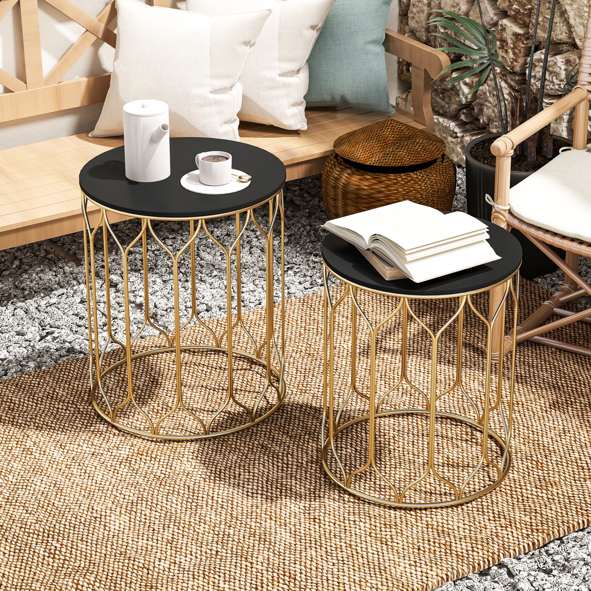 Outsunny Nesting Small Garden Table Set of 2 with Marble Effect Top - Image 7