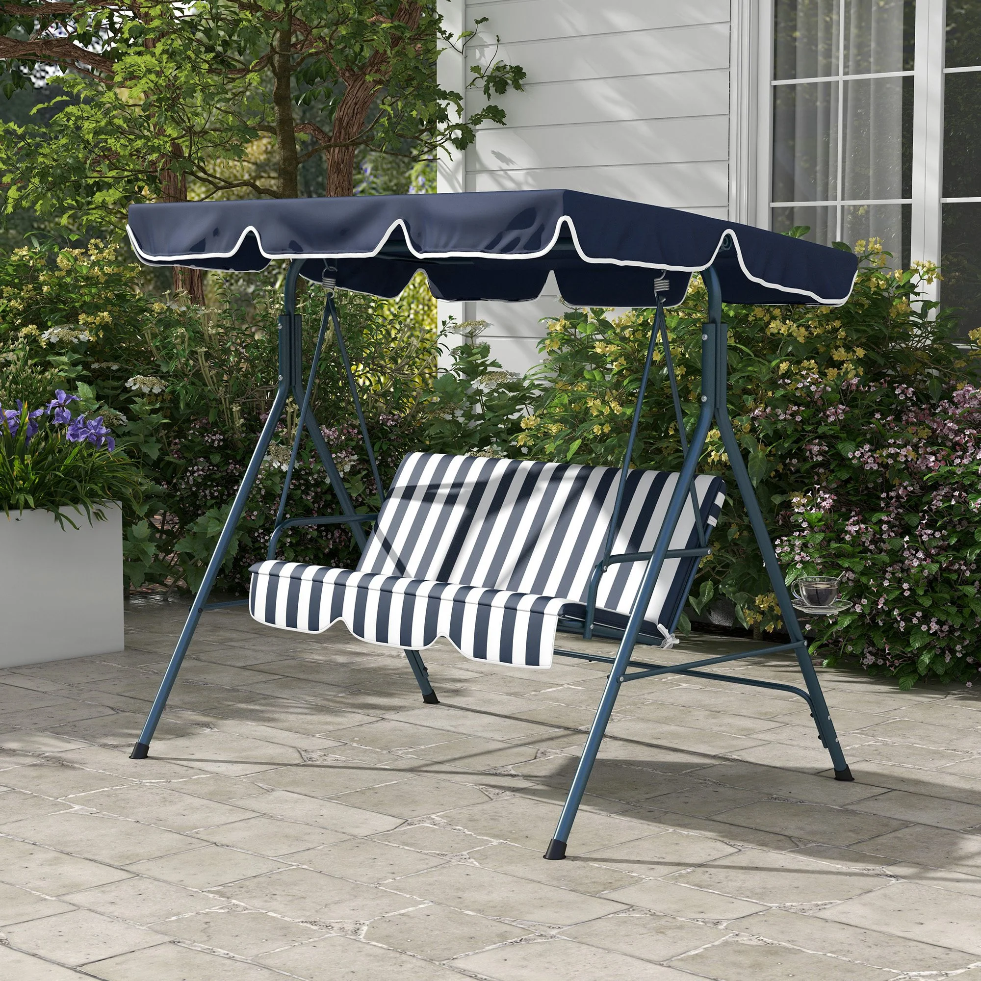 Outsunny Outdoor 3-person Porch Swing Chair with Adjustable Canopy Blue, White - Image 8