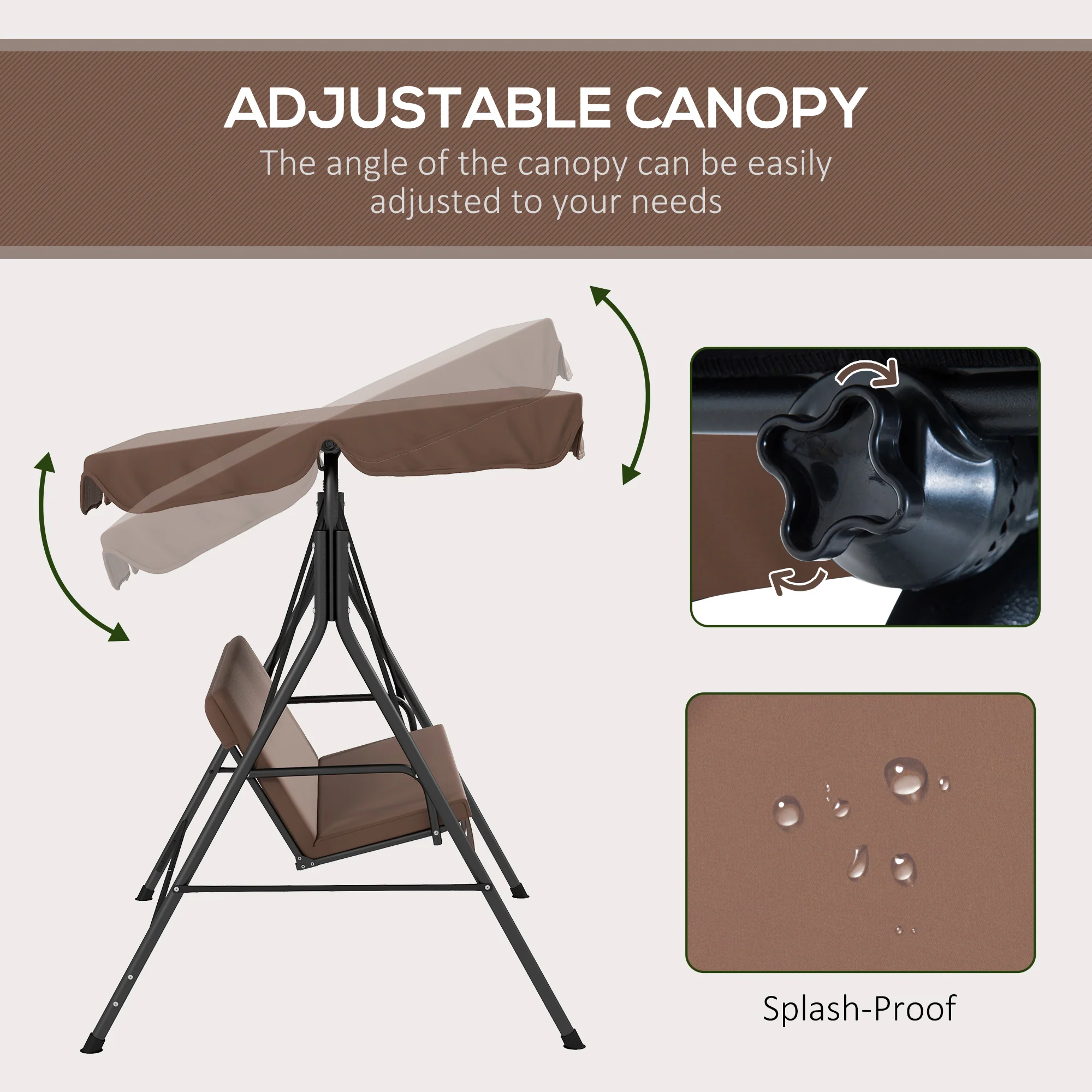 Outsunny Outdoor 3-person Porch Swing Chair with Adjustable Canopy Brown - Image 3