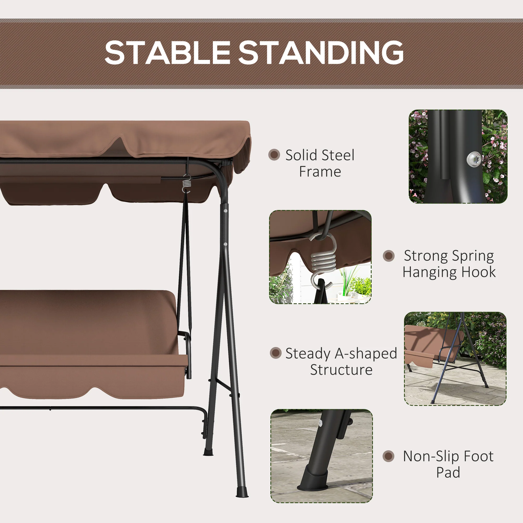 Outsunny Outdoor 3-person Porch Swing Chair with Adjustable Canopy Brown - Image 4
