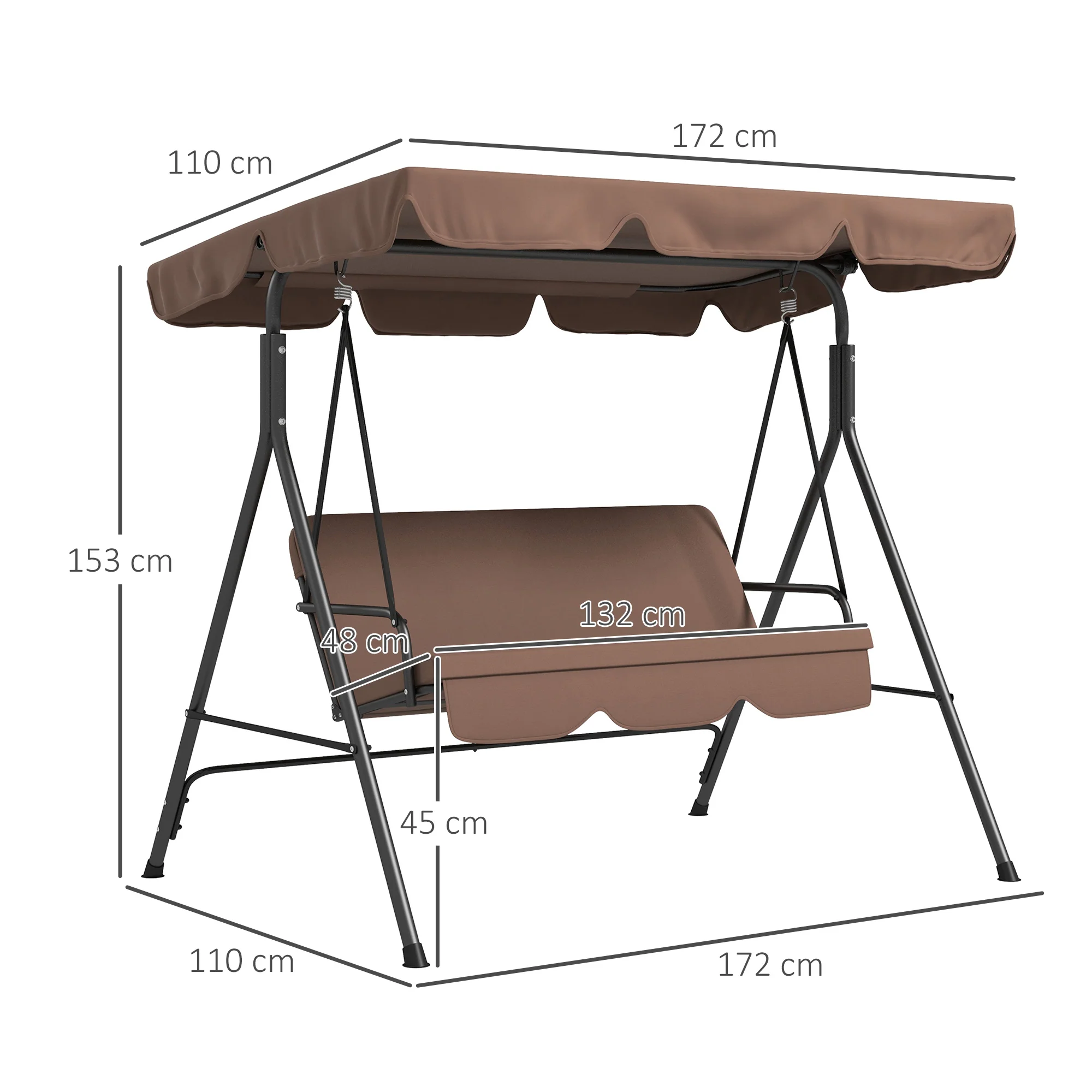 Outsunny Outdoor 3-person Porch Swing Chair with Adjustable Canopy Brown - Image 5