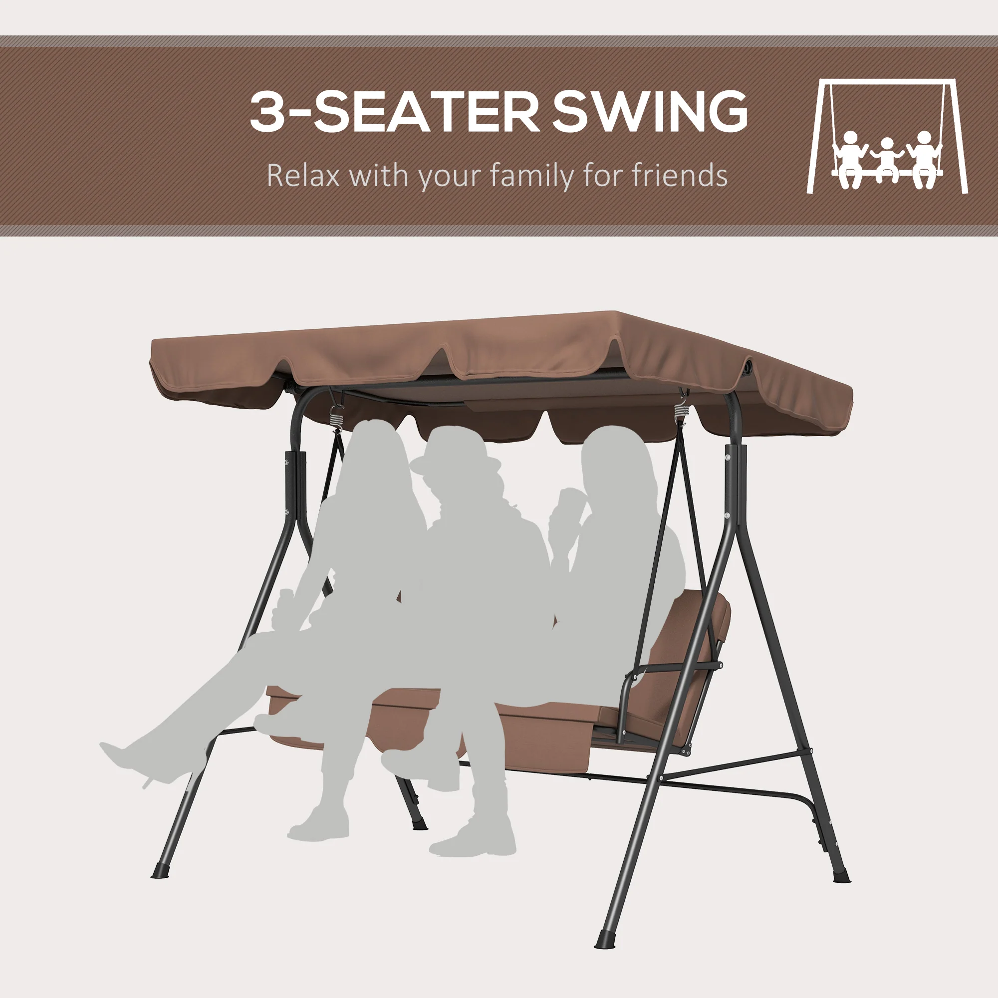 Outsunny Outdoor 3-person Porch Swing Chair with Adjustable Canopy Brown - Image 6