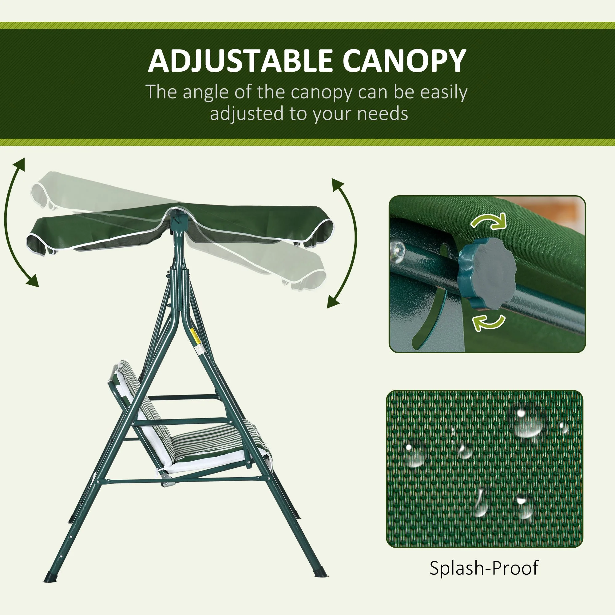 Outsunny Outdoor 3-person Porch Swing Chair with Adjustable Canopy Green - Image 3