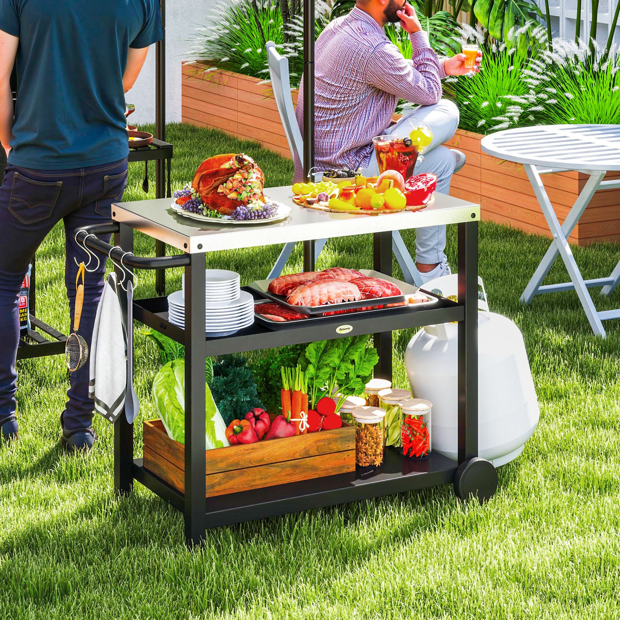 Outsunny Outdoor BBQ Table with 2-Tier Shelf, Outdoor Kitchen - Image 2