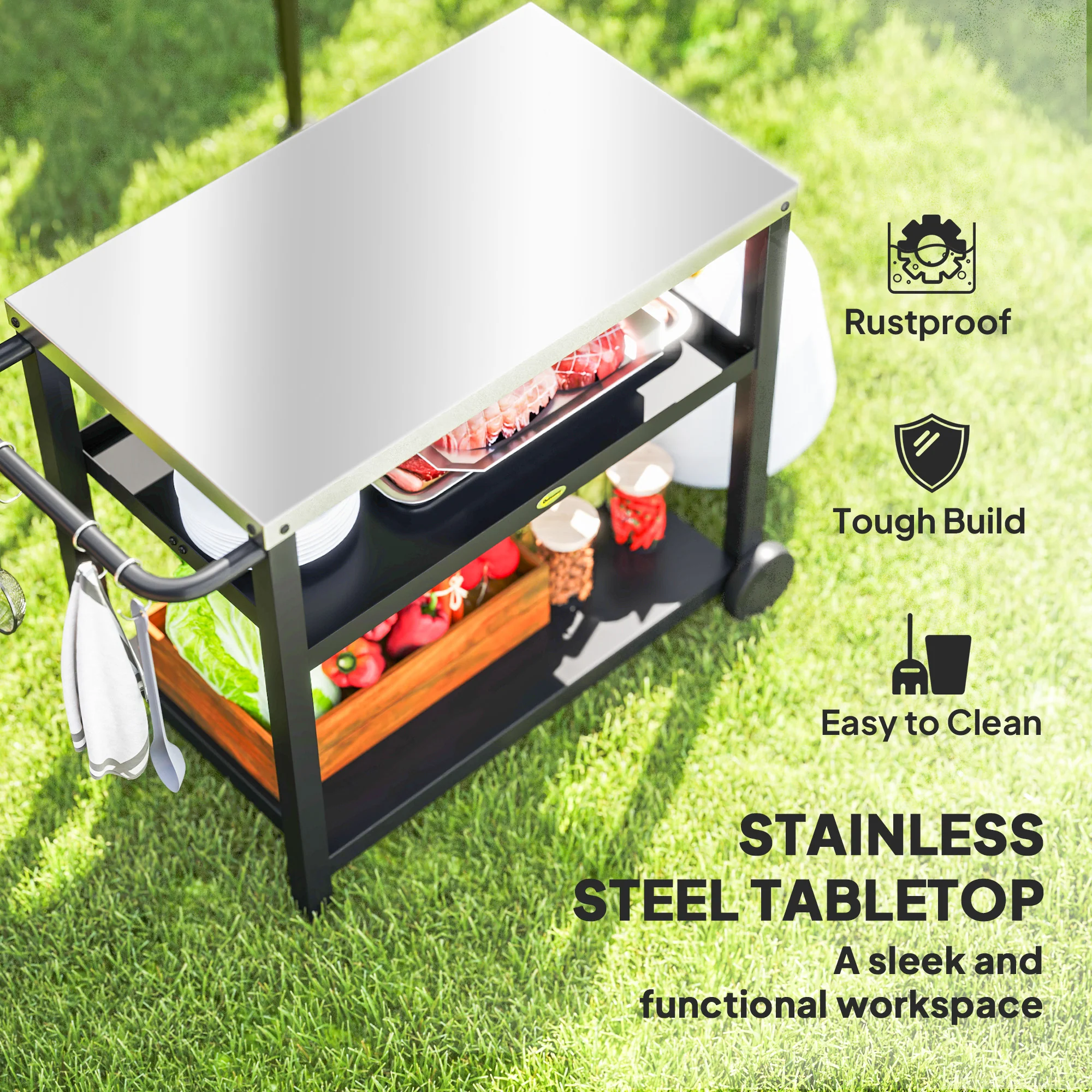 Outsunny Outdoor BBQ Table with 2-Tier Shelf, Outdoor Kitchen - Image 3