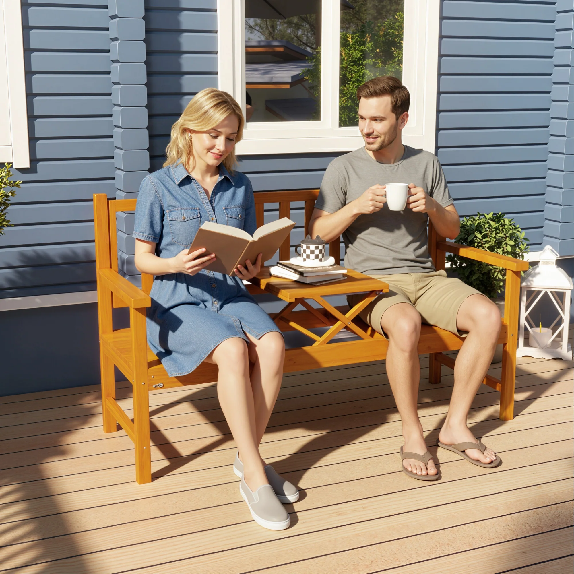 Outsunny Outdoor Bench with Liftable Middle Table, 153cm Wood Garden Bench - Image 2