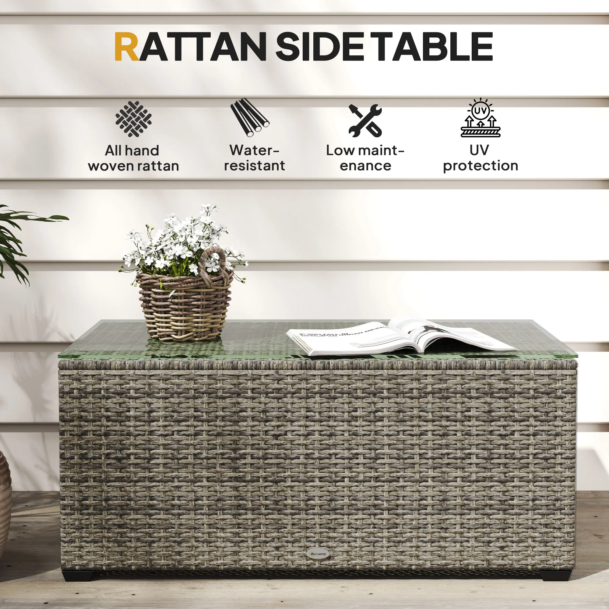 Outsunny Outdoor Coffee Table, Glass Top Rattan Side Table - Image 12