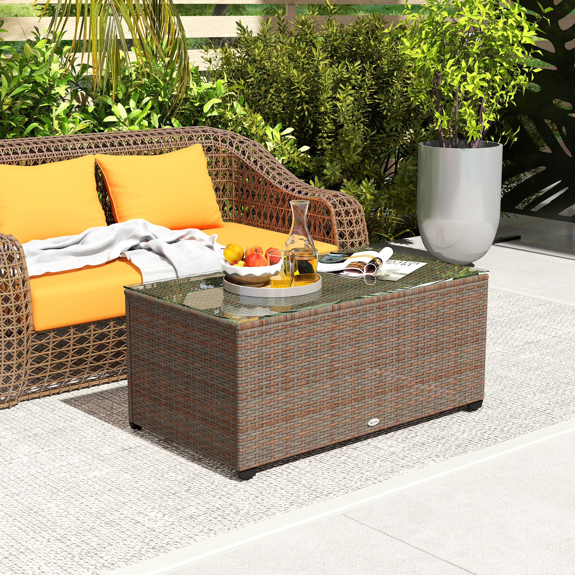 Outsunny Outdoor Coffee Table, Glass Top Rattan Side Table - Image 2