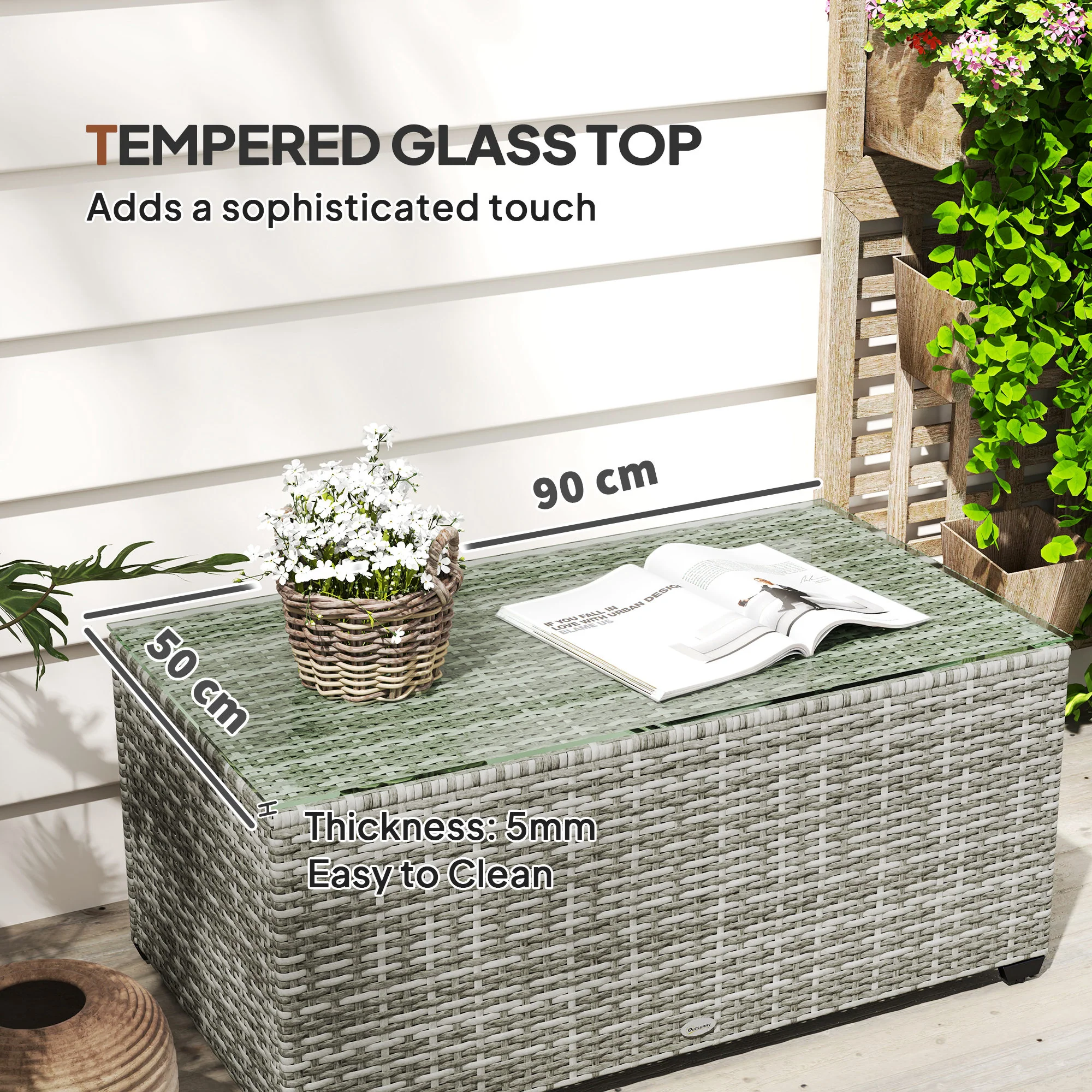 Outsunny Outdoor Coffee Table, Glass Top Rattan Side Table - Image 22
