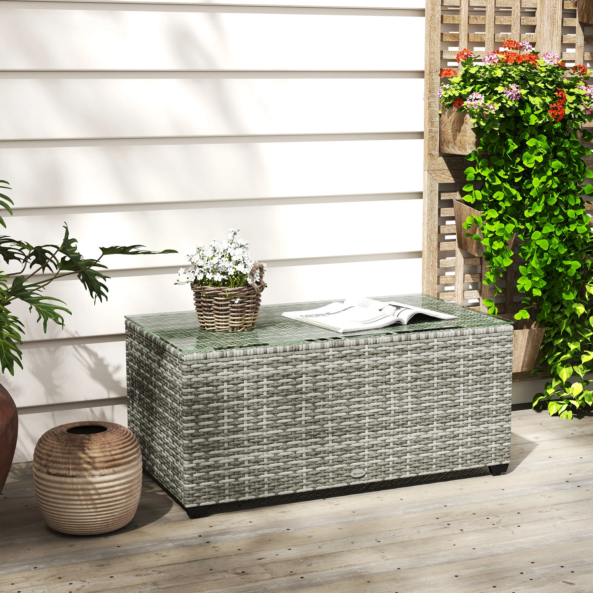 Outsunny Outdoor Coffee Table, Glass Top Rattan Side Table - Image 27