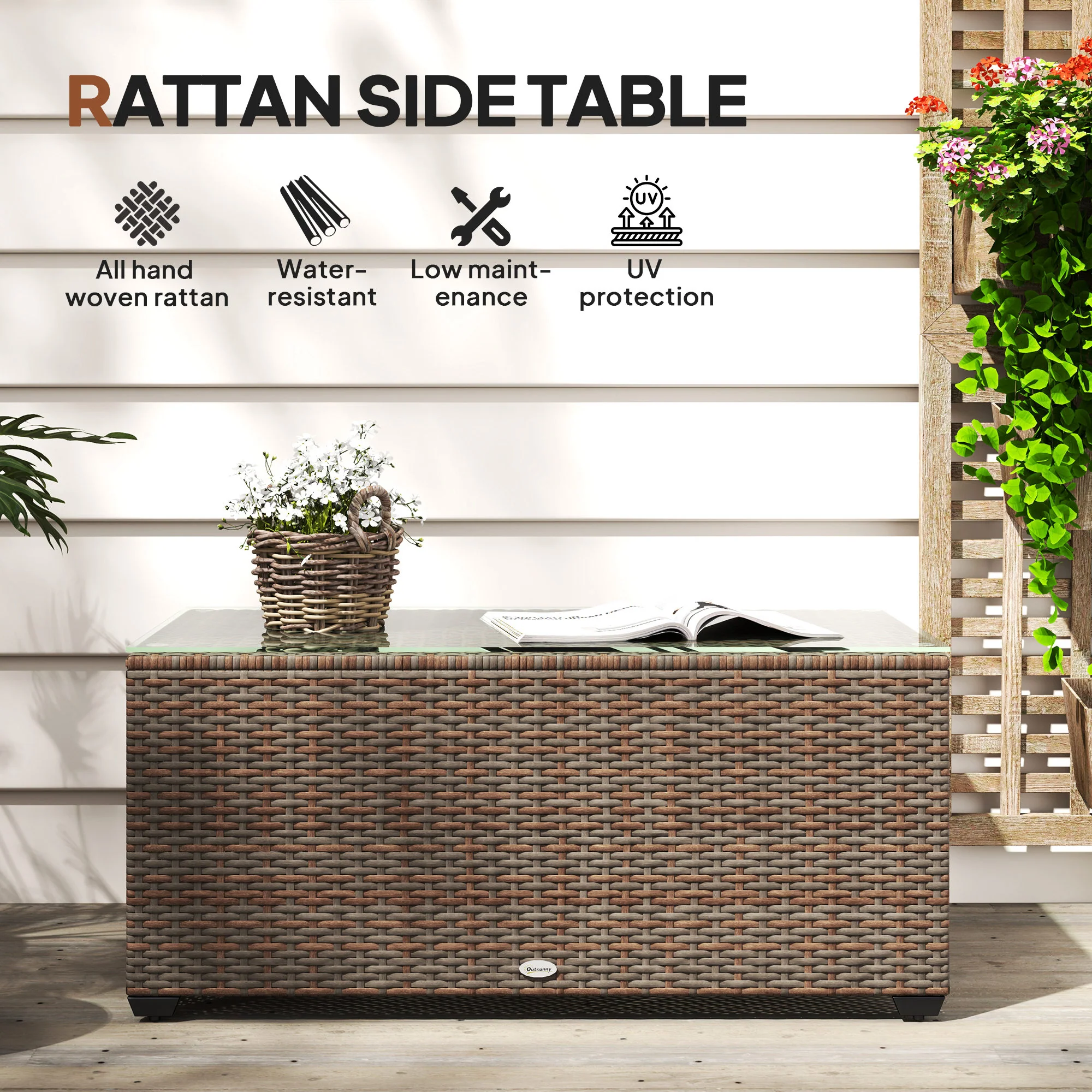 Outsunny Outdoor Coffee Table, Glass Top Rattan Side Table - Image 3