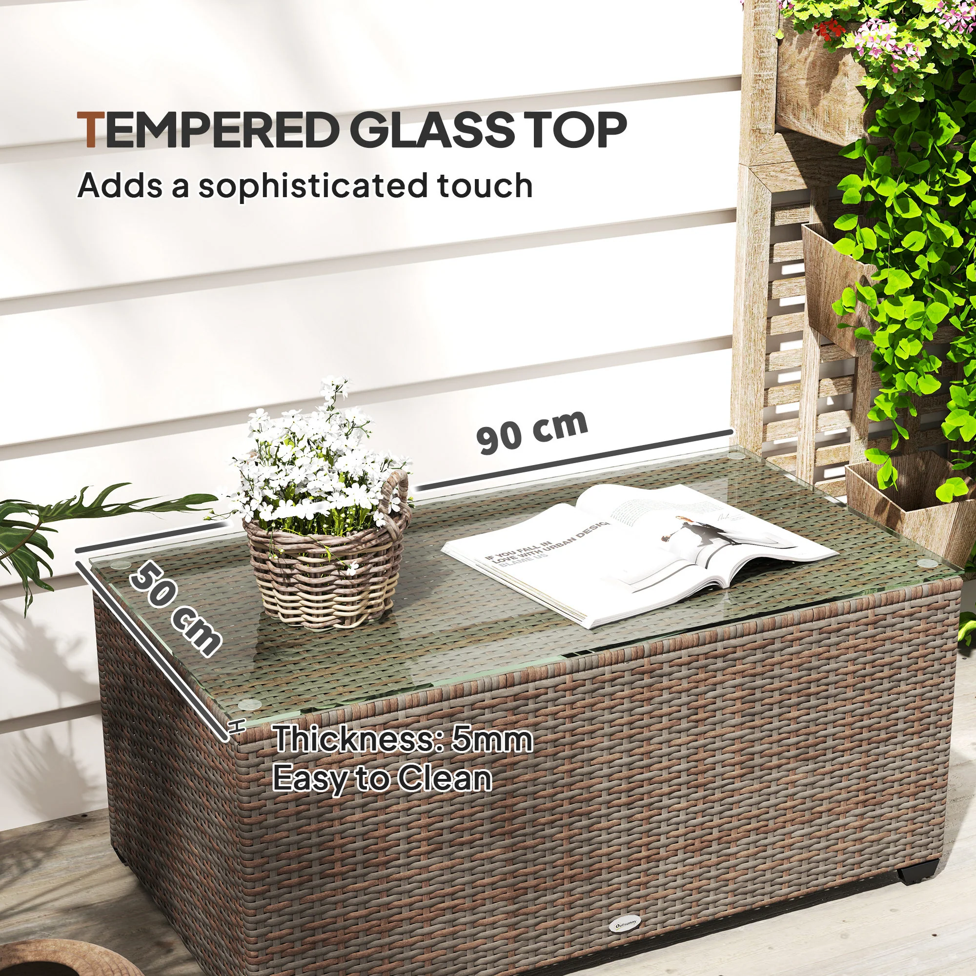 Outsunny Outdoor Coffee Table, Glass Top Rattan Side Table - Image 4