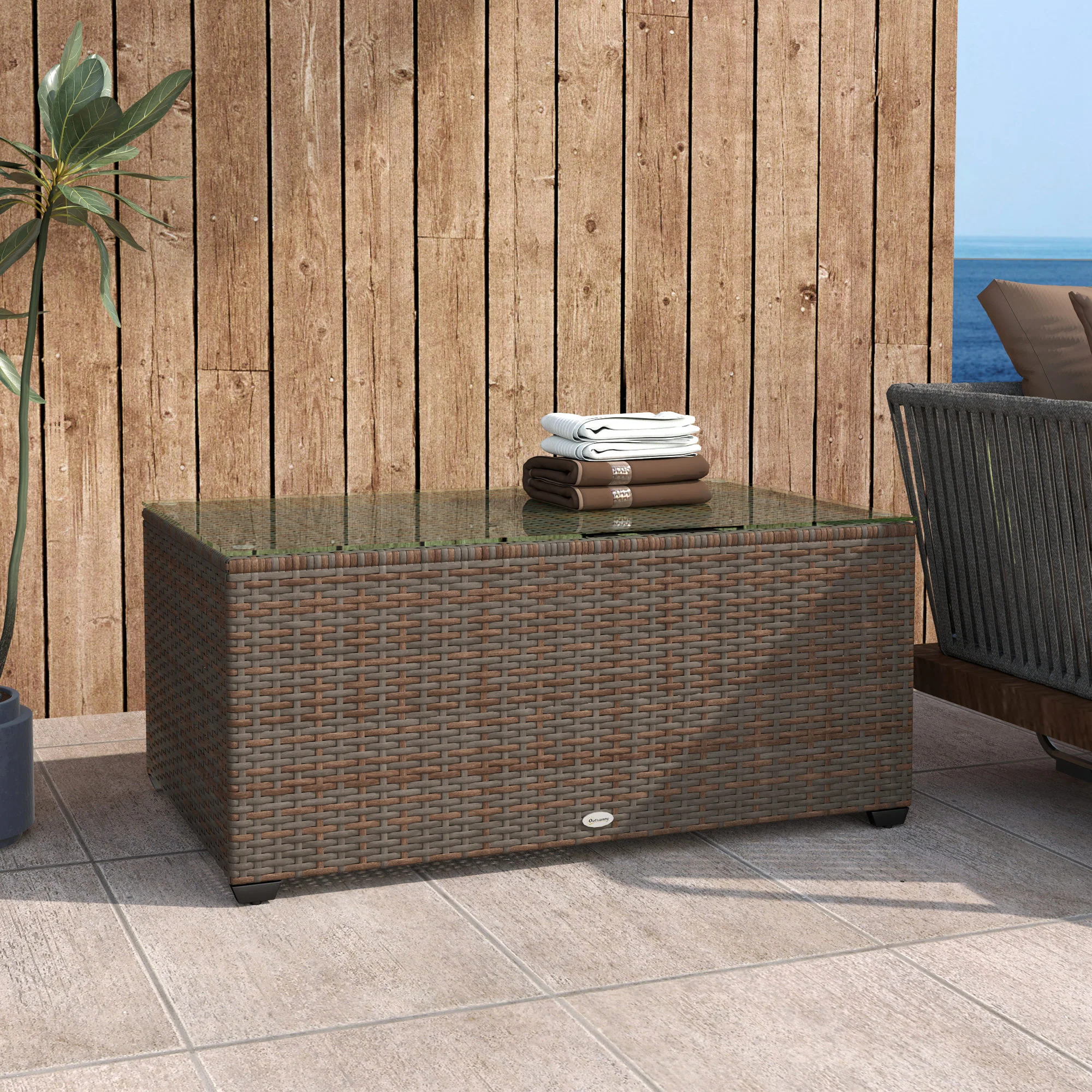 Outsunny Outdoor Coffee Table, Glass Top Rattan Side Table - Image 8