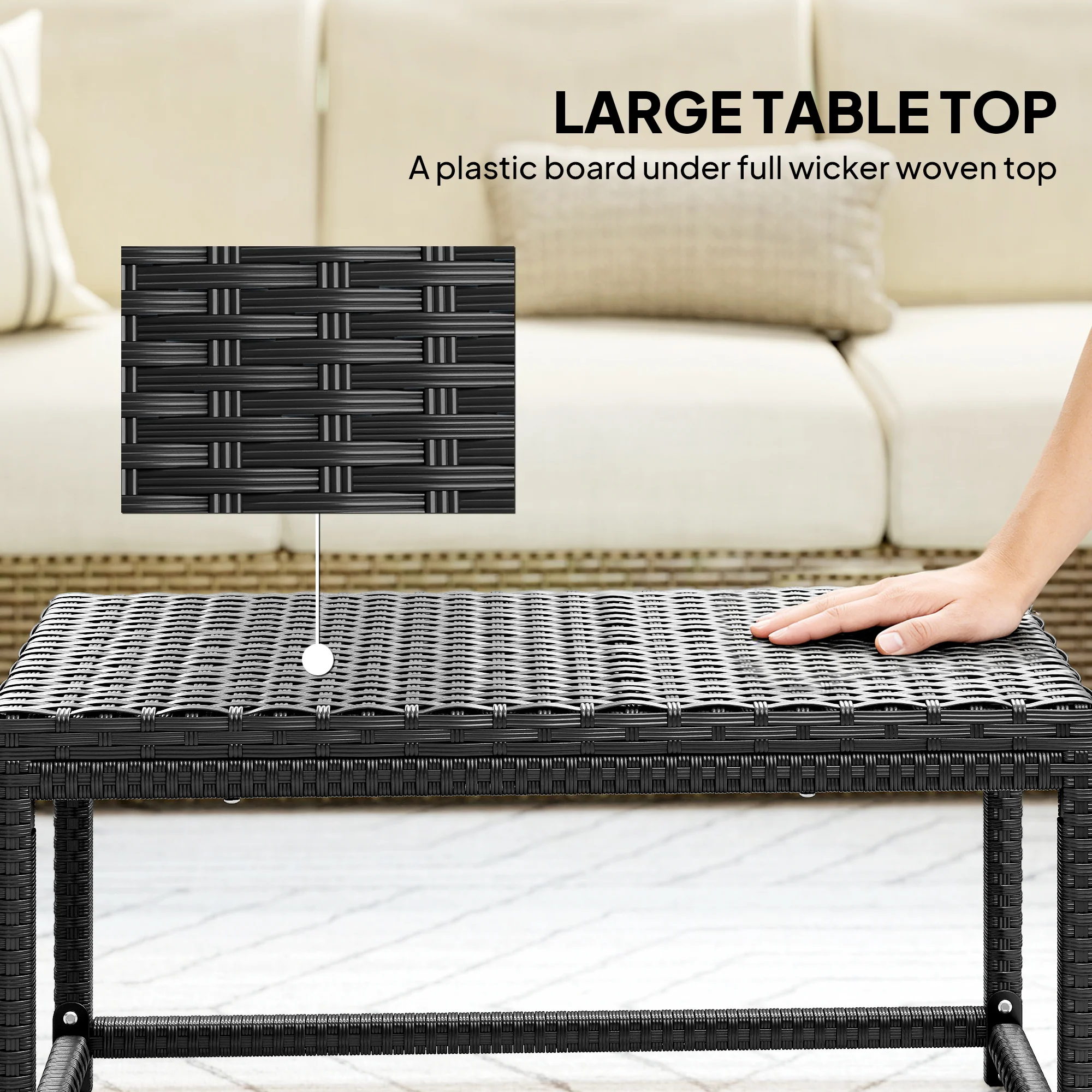 Outsunny Outdoor Coffee Table, PE Rattan Side Table W/ Plastic Board, Black - Image 5