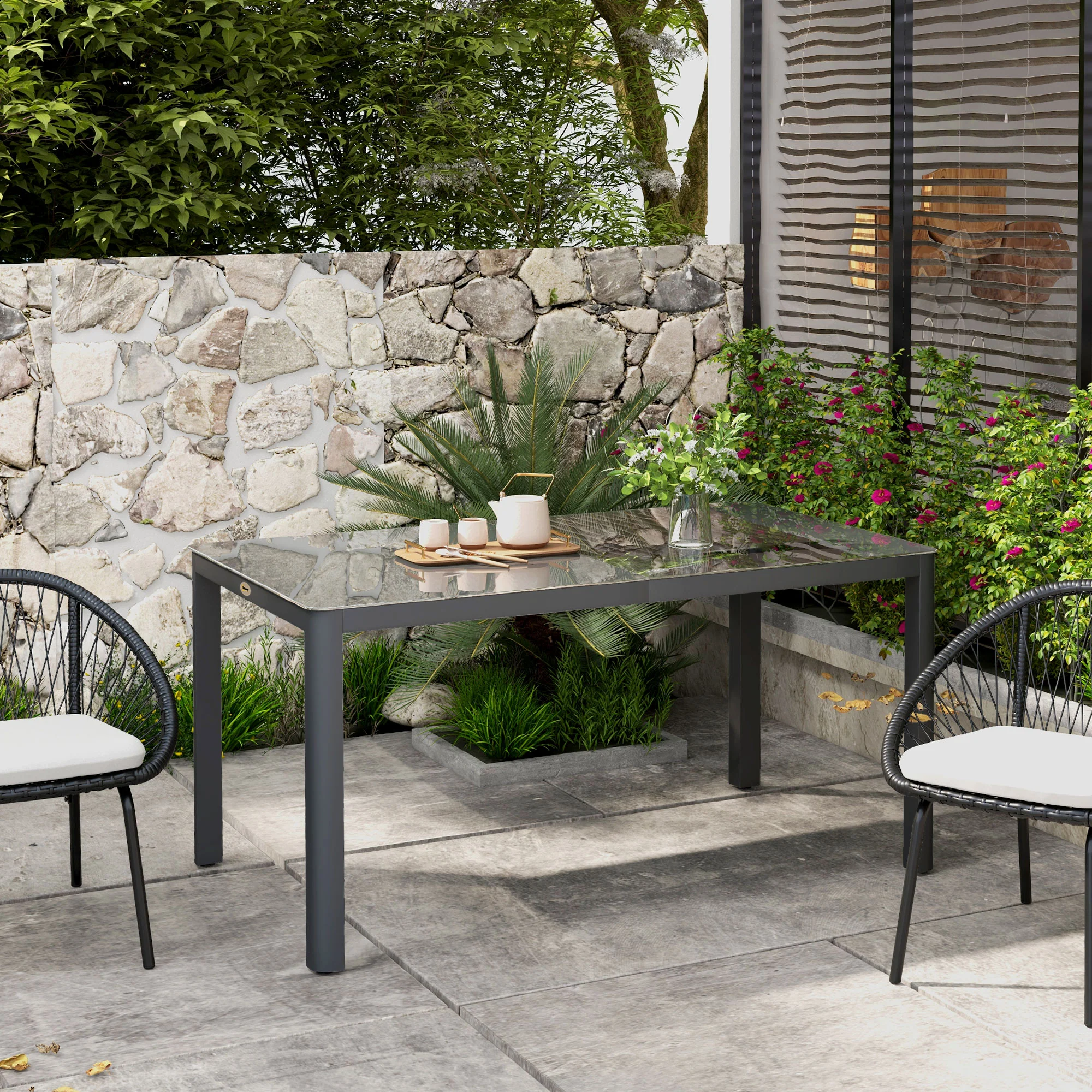 Outsunny Outdoor Dining Table for 6 with Glass Top, Aluminium Frame, Grey - Image 2