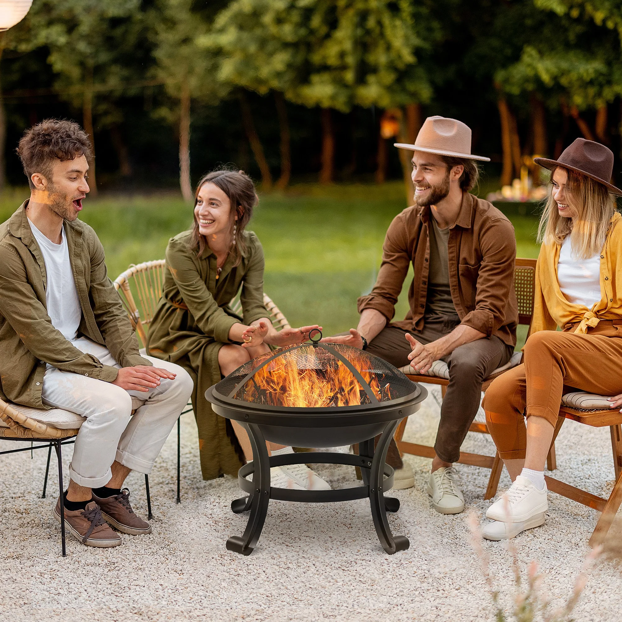 Outsunny Outdoor Fire Pit, Wood Burner with Screen and Poker, Black - Image 2