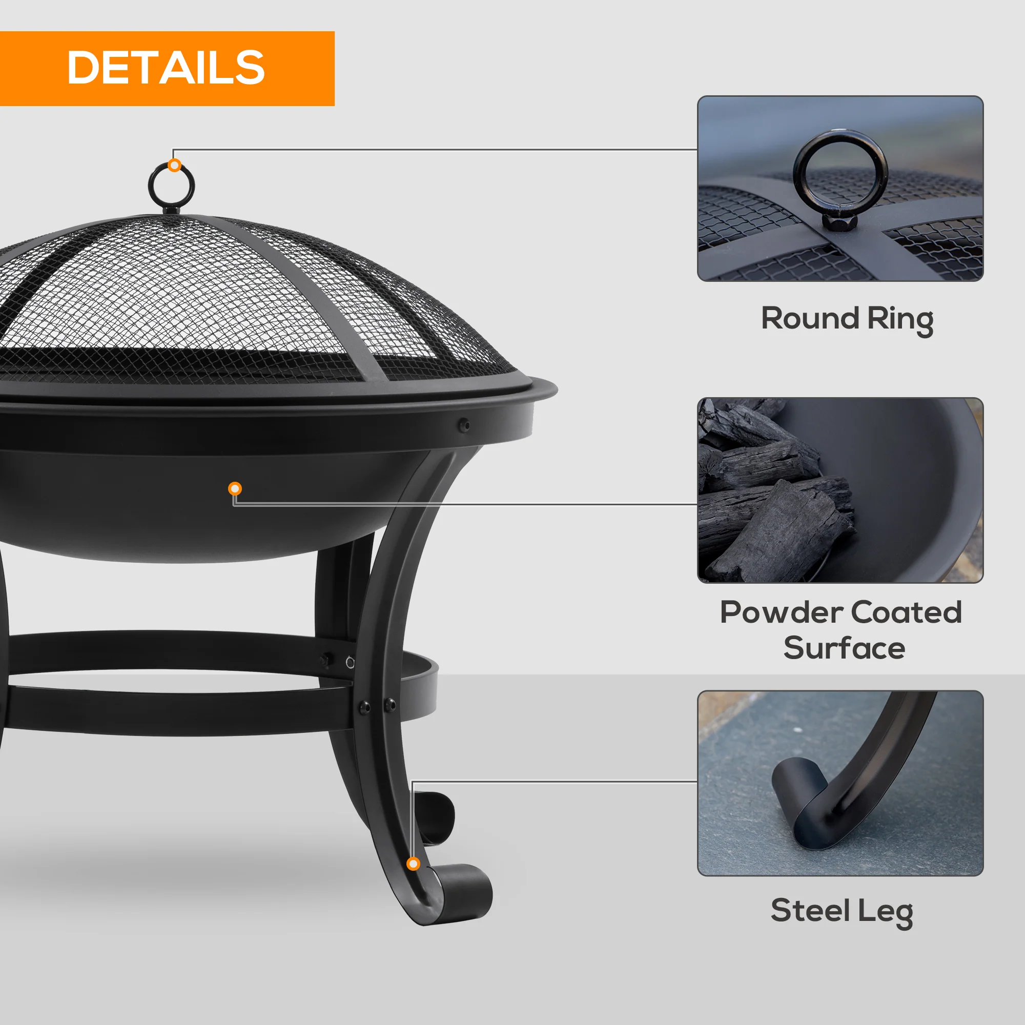 Outsunny Outdoor Fire Pit, Wood Burner with Screen and Poker, Black - Image 6
