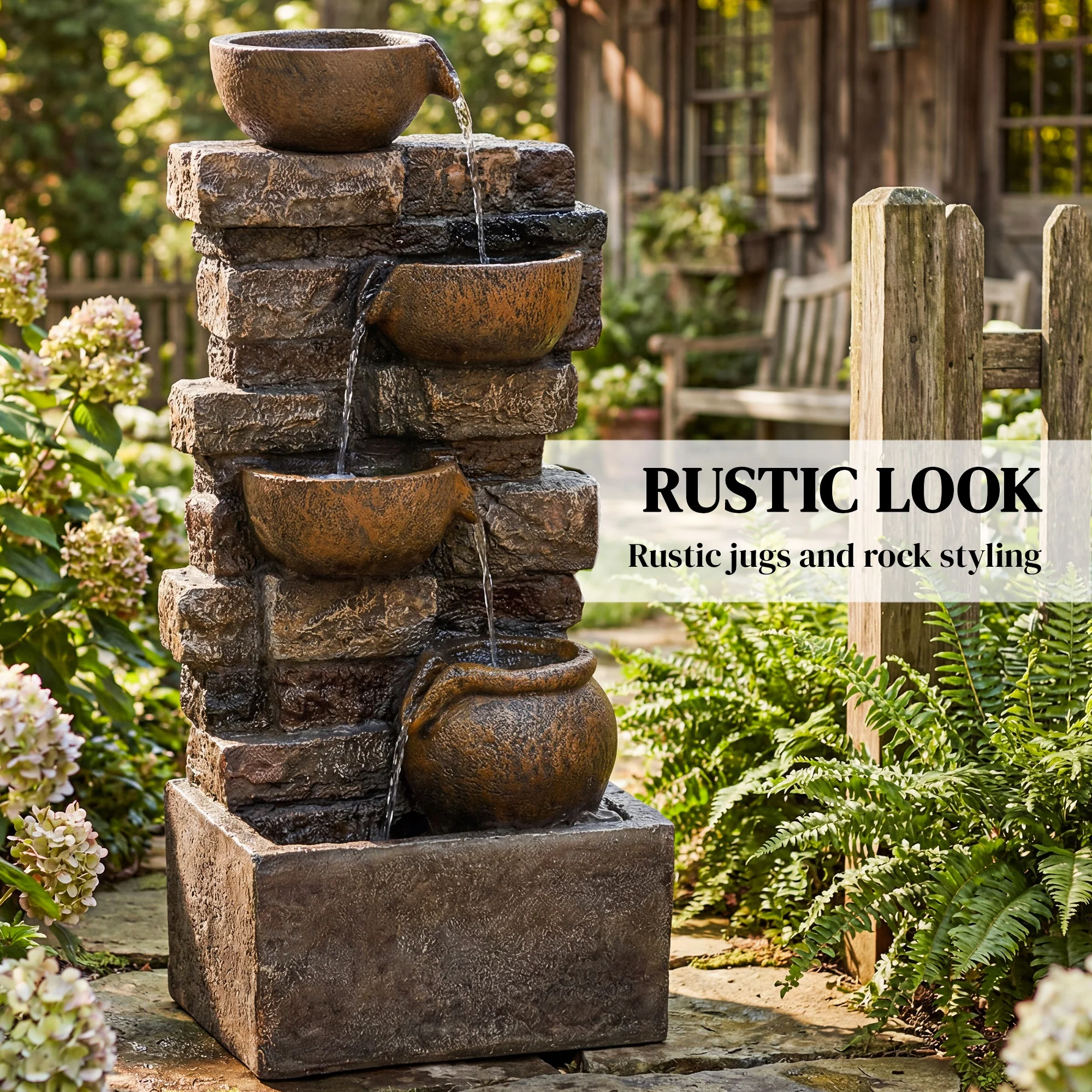 Outsunny Outdoor Fountain with LED Lights, Cascading Waterfall Feature - Image 4