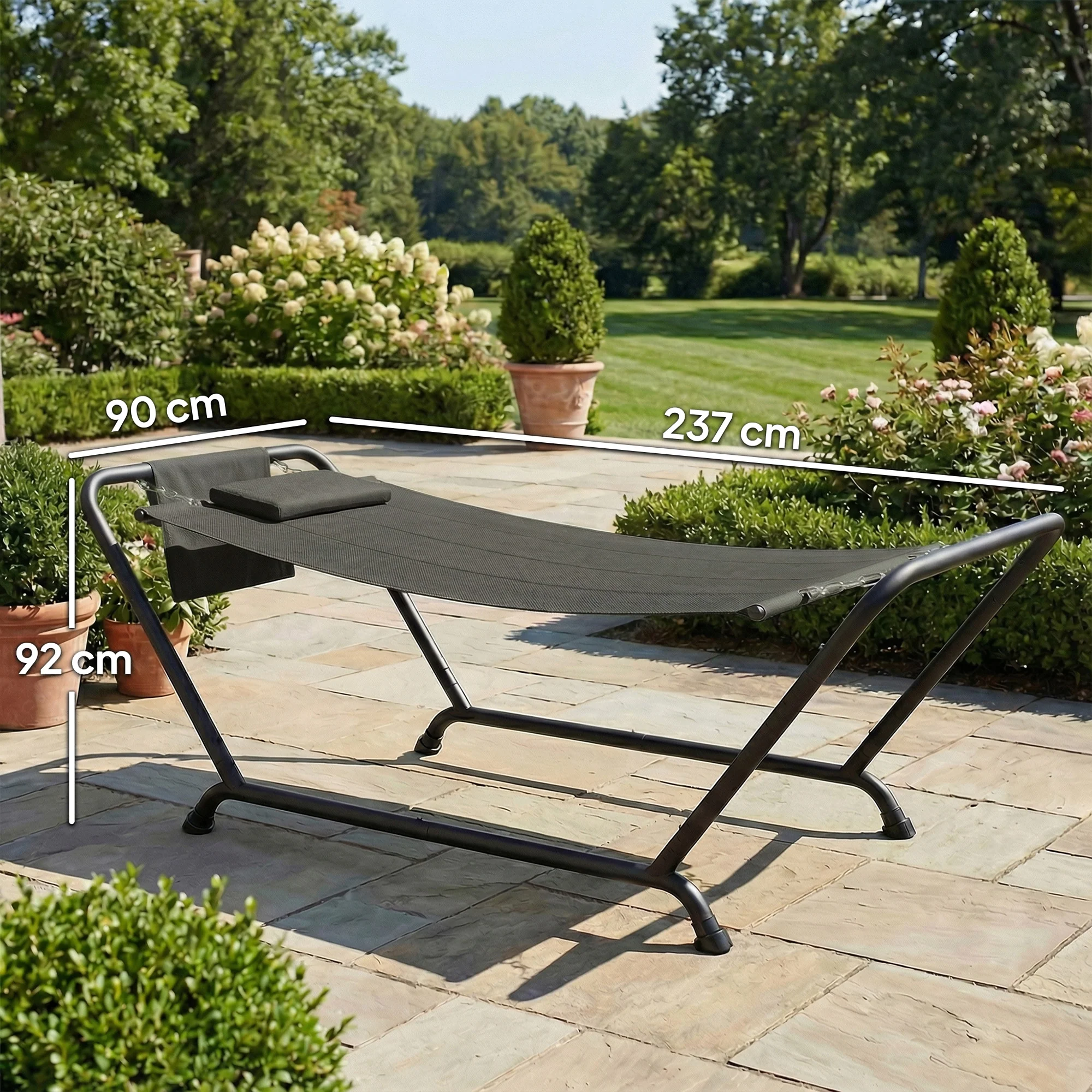 Outsunny Outdoor Hammock with Stand with Side Pocket, Headrest, Dark Grey - Image 3