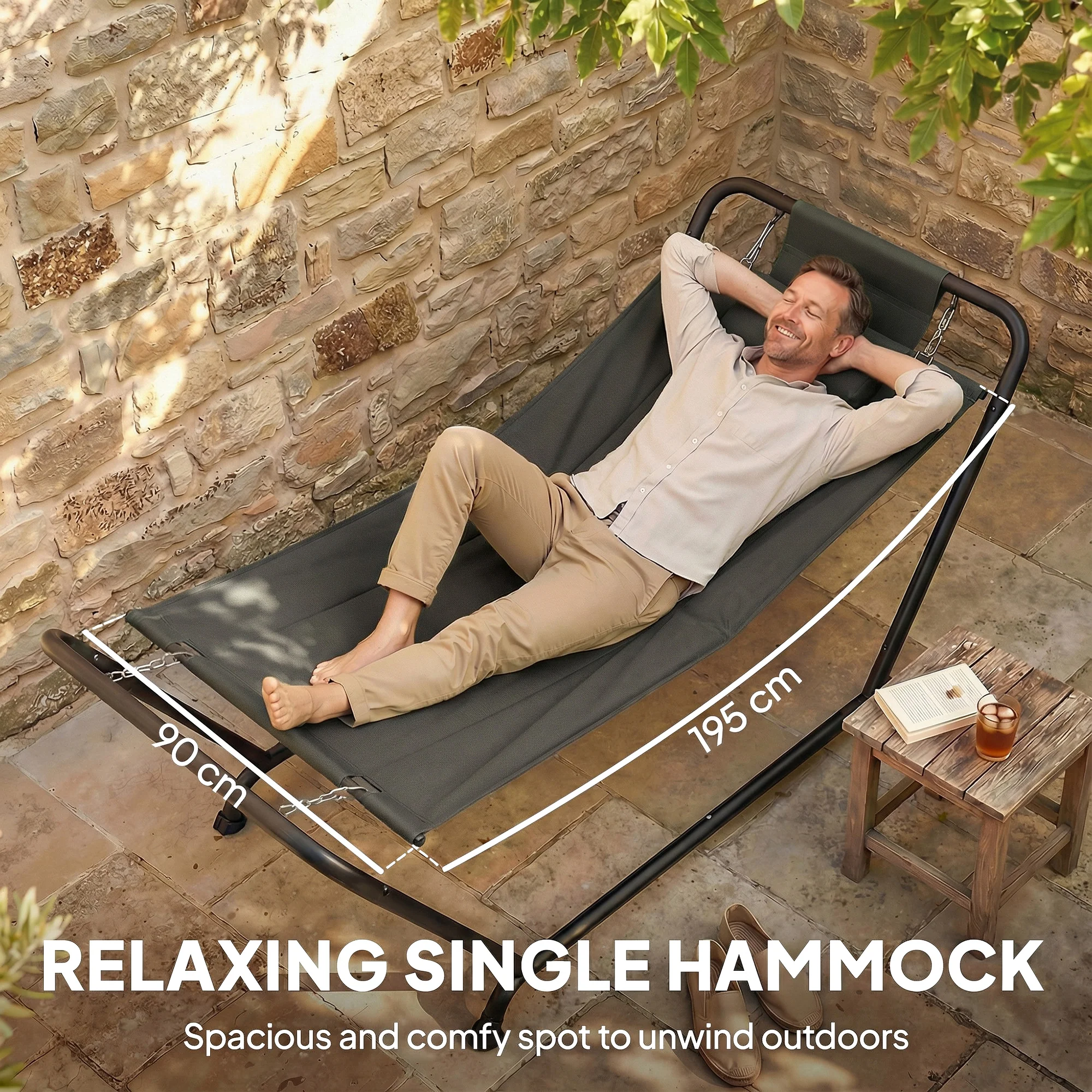 Outsunny Outdoor Hammock with Stand with Side Pocket, Headrest, Dark Grey - Image 4