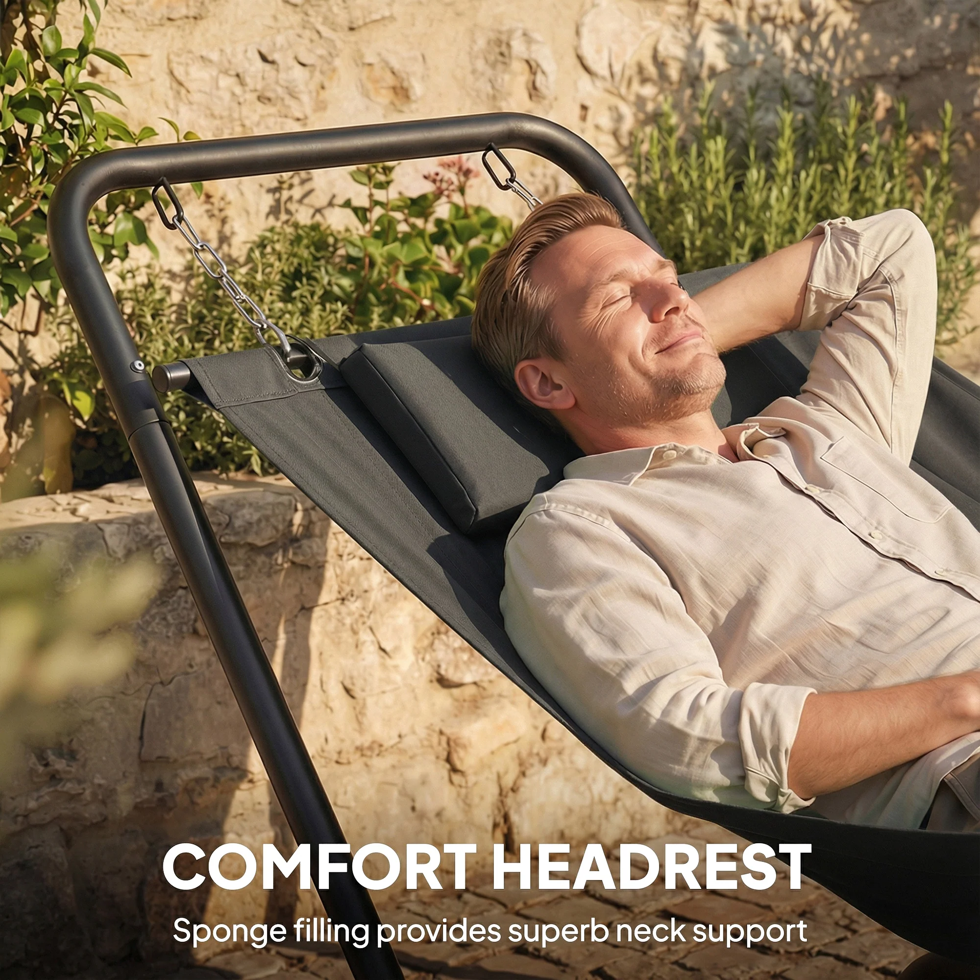 Outsunny Outdoor Hammock with Stand with Side Pocket, Headrest, Dark Grey - Image 6